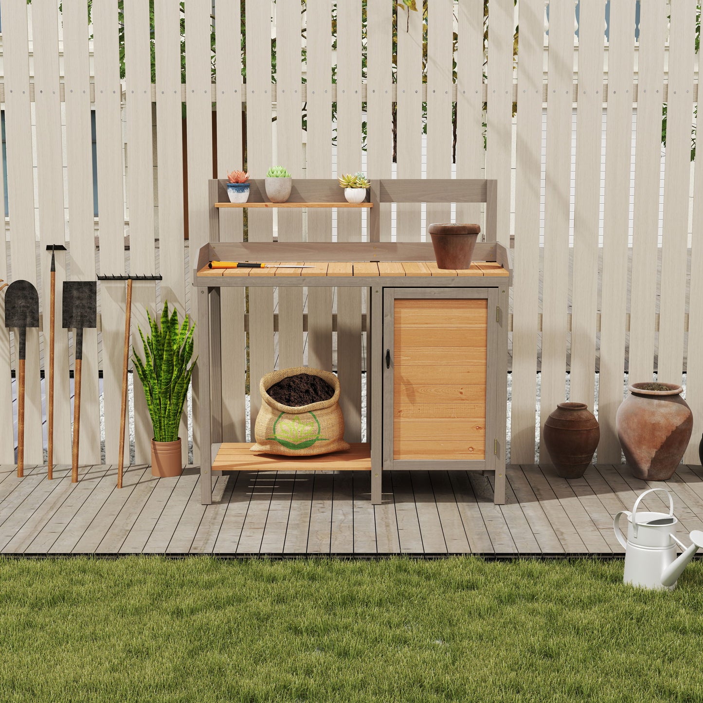 Outdoor Potting - Bench, Workstation Table With Cabinet For Backyard Garden Supplies - Brown / Gray