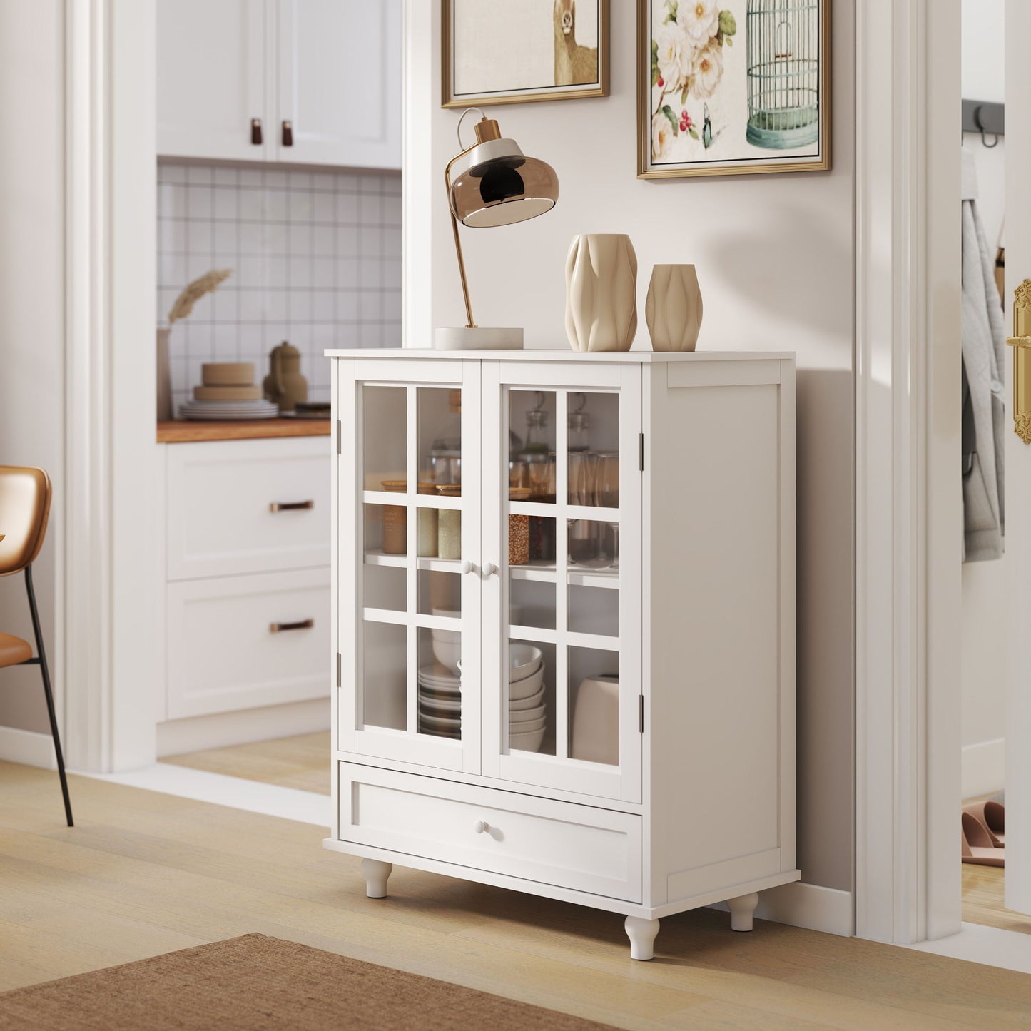 Minimalist Buffet Cabinet With Double Glass Doors And Drawer