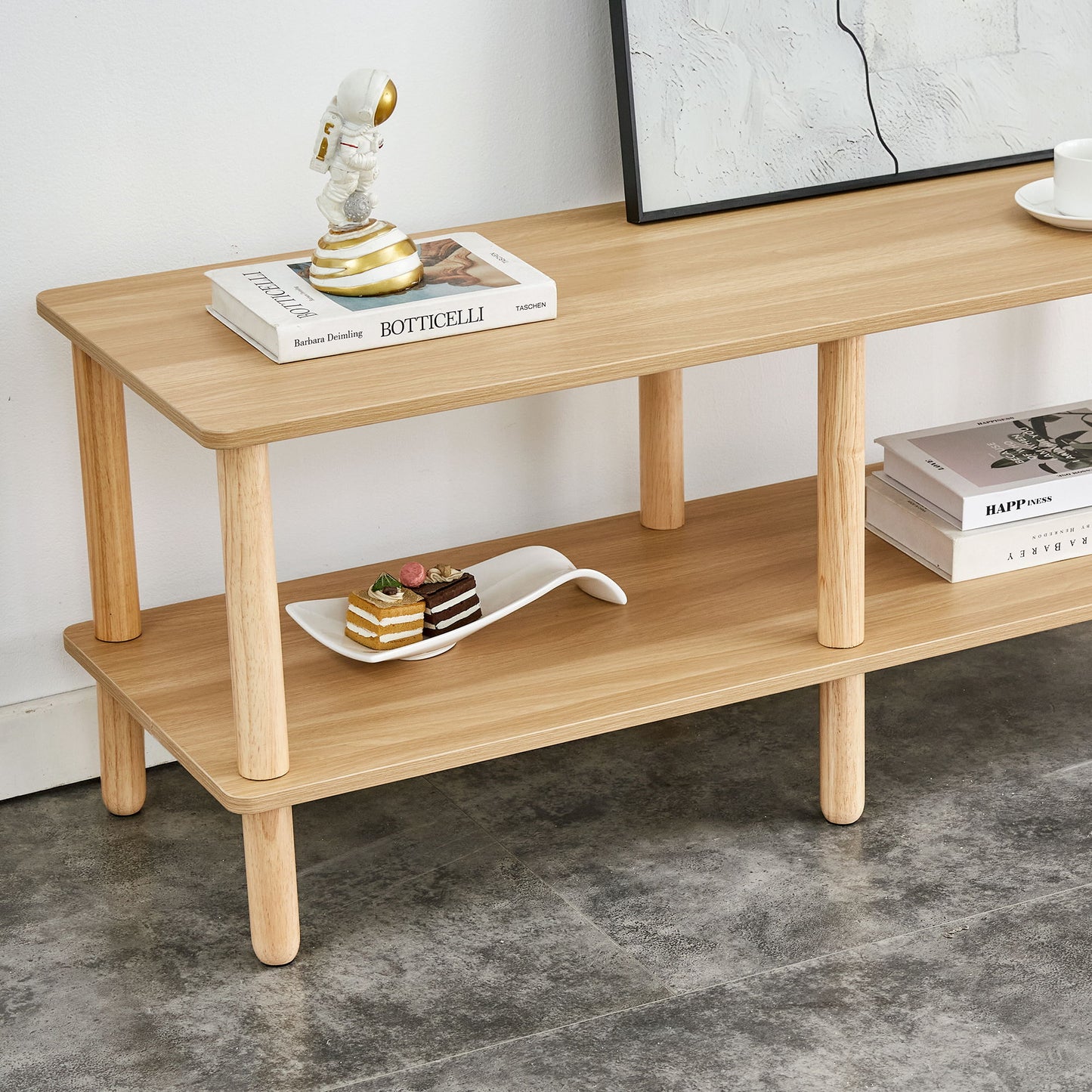 Modern Double Deck TV Cabinet With Open Storage Shelf, Rounded Legs