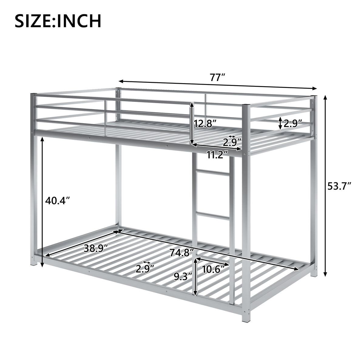 Full Over Full Metal Bunk Bed, Low Bunk Bed With Ladder - Silver