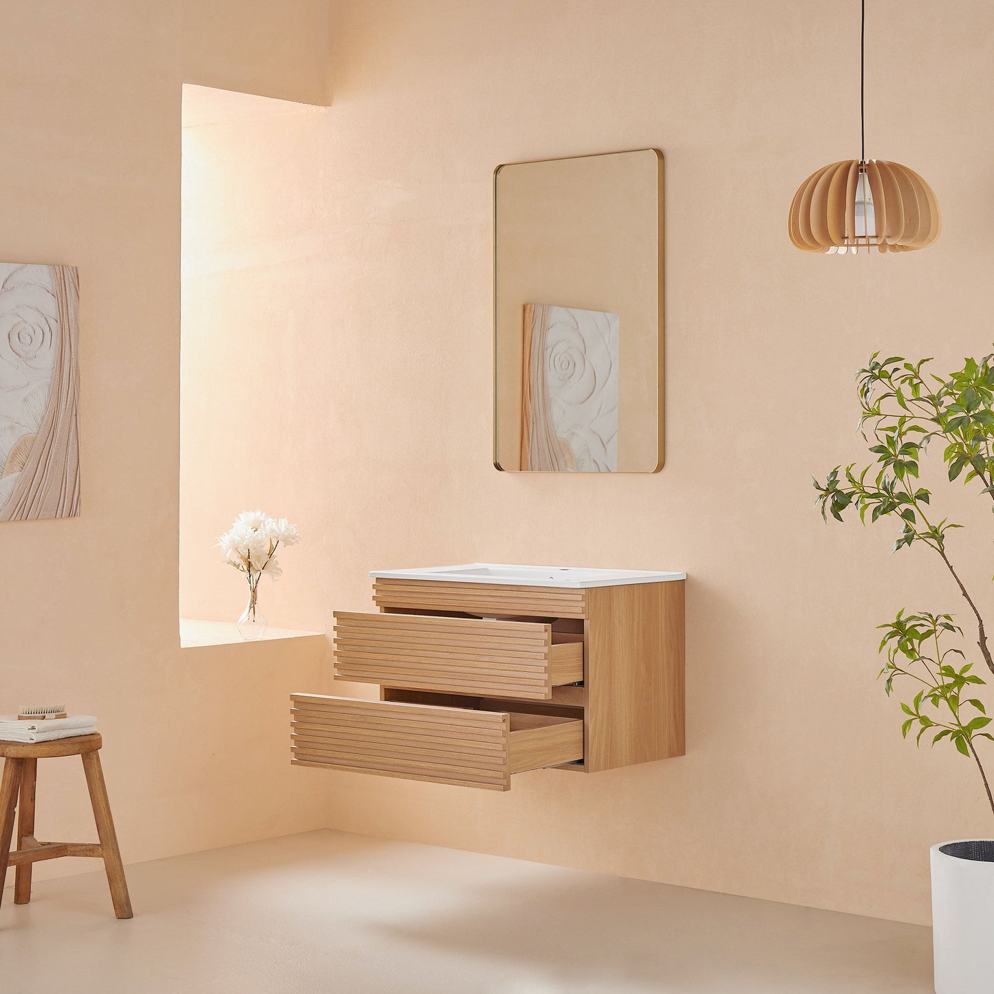 Wall Mounted & Floating Single Vanity With Ceramic Sink - Natural Walnut