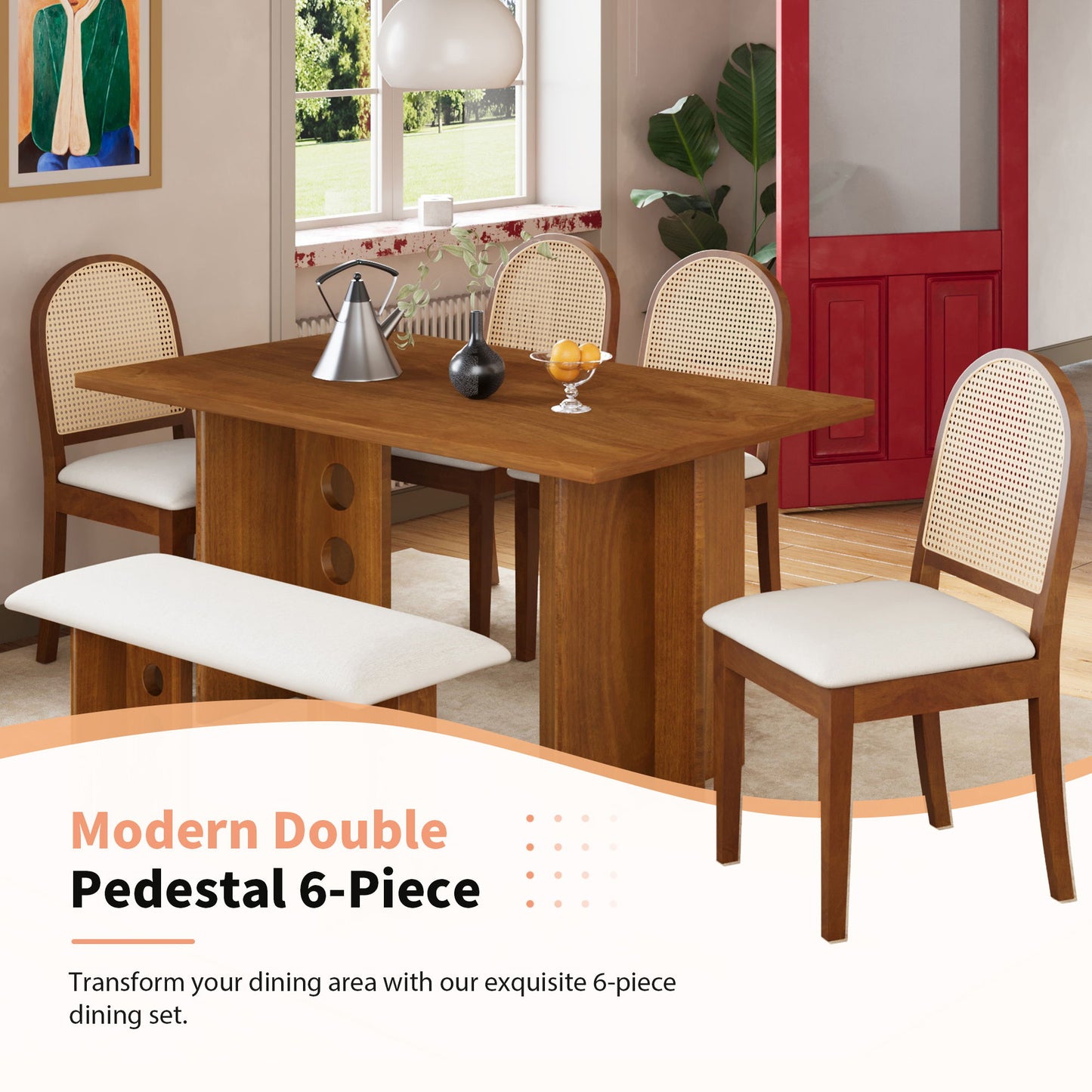 Modern Double Pedestal 6 Piece Dining Table Set, 4 Upholstered Rattan Back Dining Chairs And Bench