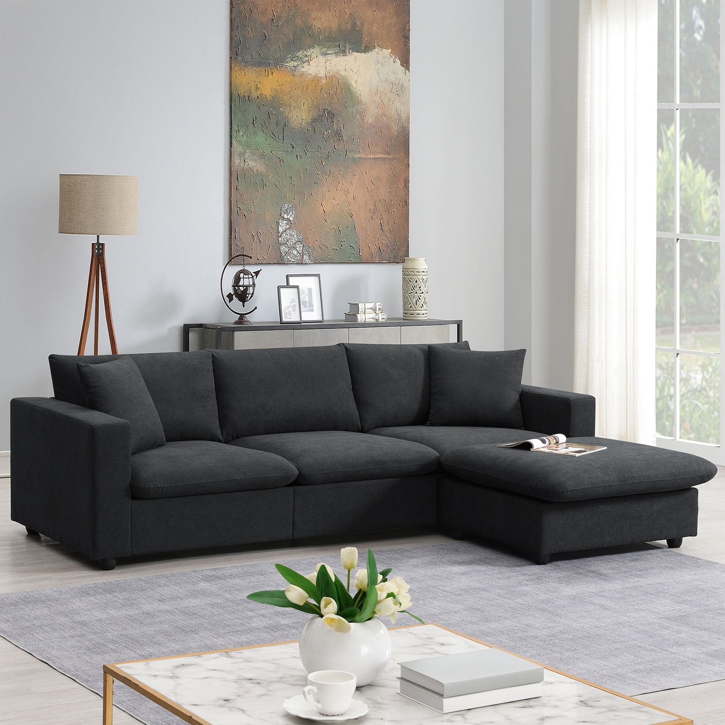 Modern Sectional Sofa, L-Shaped Couch Set With 2 Free Pillows, 4-Seat Polyester Fabric Couch Set With Convertible Ottoman For Living Room, Apartment, Office