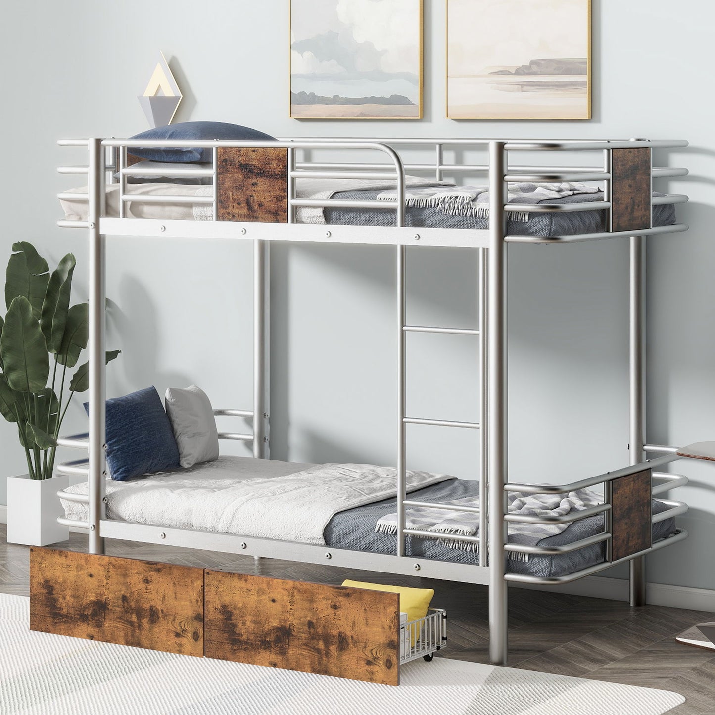 Twin Long Over Twin Long Bunk Bed With Guardrail And 2 Storage Drawers - Silver