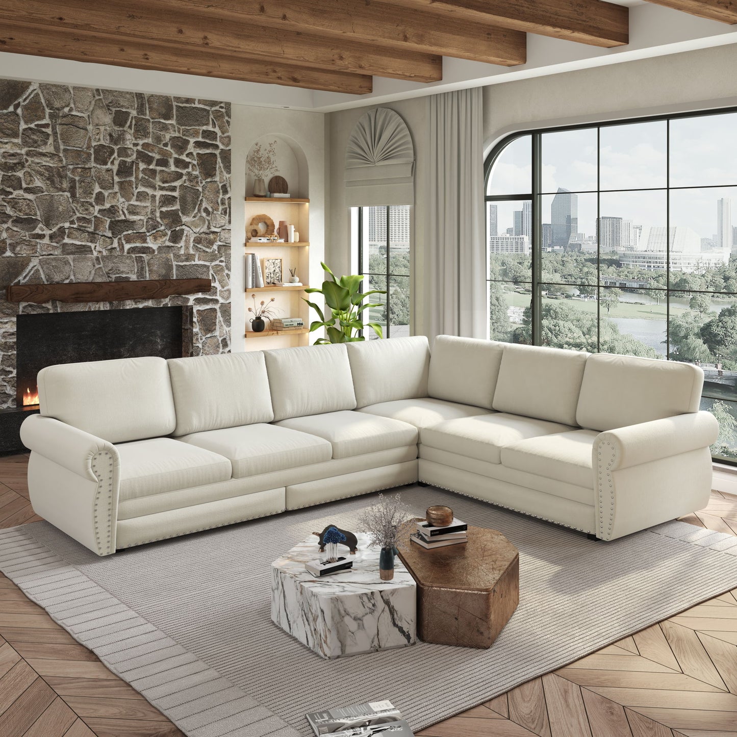 L-Shaped Sofa Couch With Pull Out Bed With Nailhead Trim & Rolled Arm