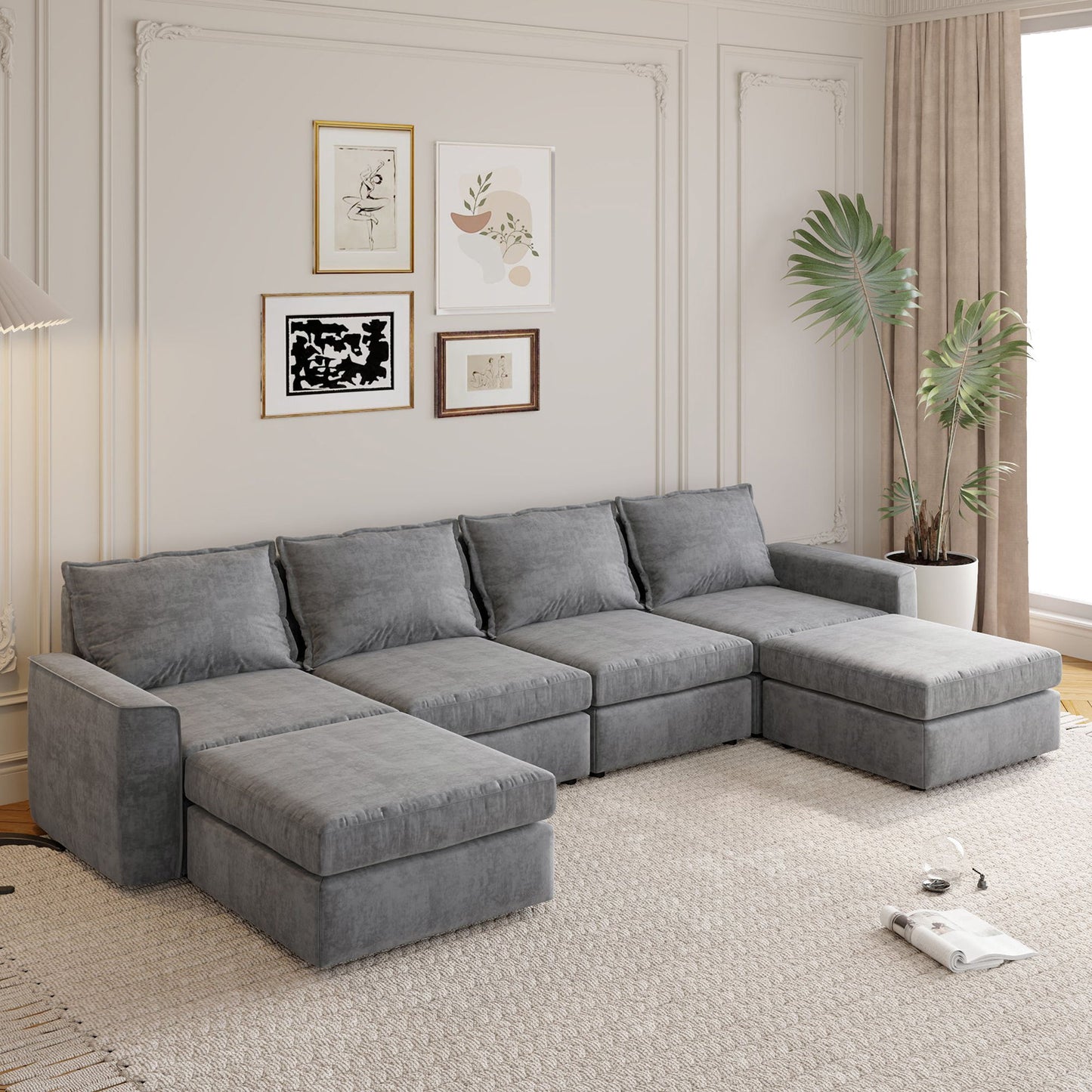 Chenille Modular Sectional Sofa, U Shaped Reversible Couch, Free Combination, 6 Seat Sleeper Sofa Bed With Ottoman, Convertible Oversized Indoor Furniture - Gray