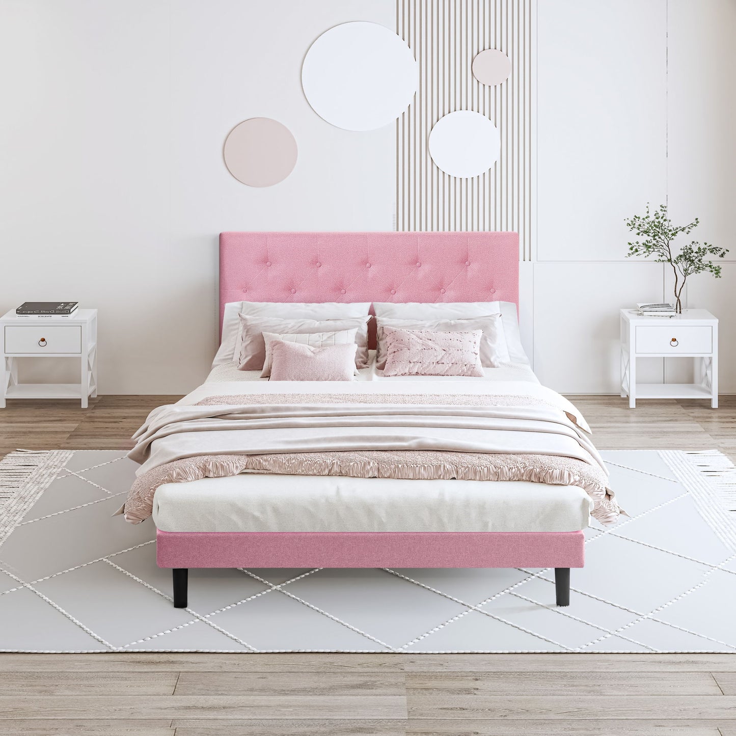 Modern Upholstered Platform Bed Frame With Button Tufted Linen Fabric Headboard
