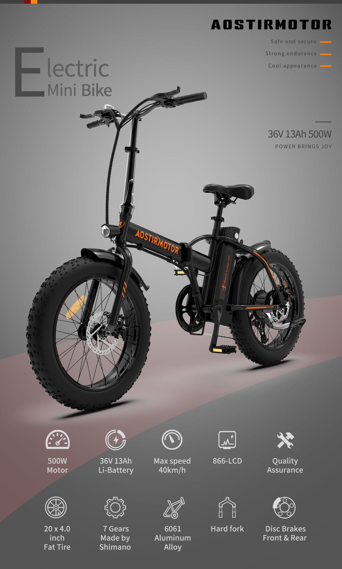 Folding Electric Bike Ebike Bicycle 500W Motor 20" Fat Tire With 36V / 13Ah Li - Battery Beach Snow Bicycle A20 - Black