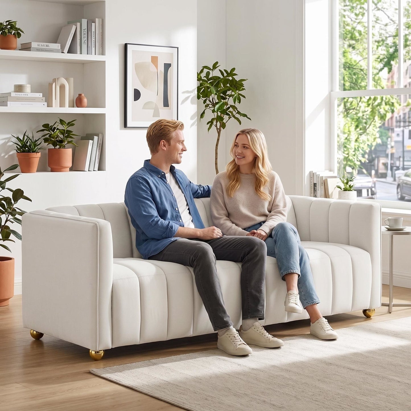 Vertical Channel Tuft Sofa For Apartment Lounge - Ivory