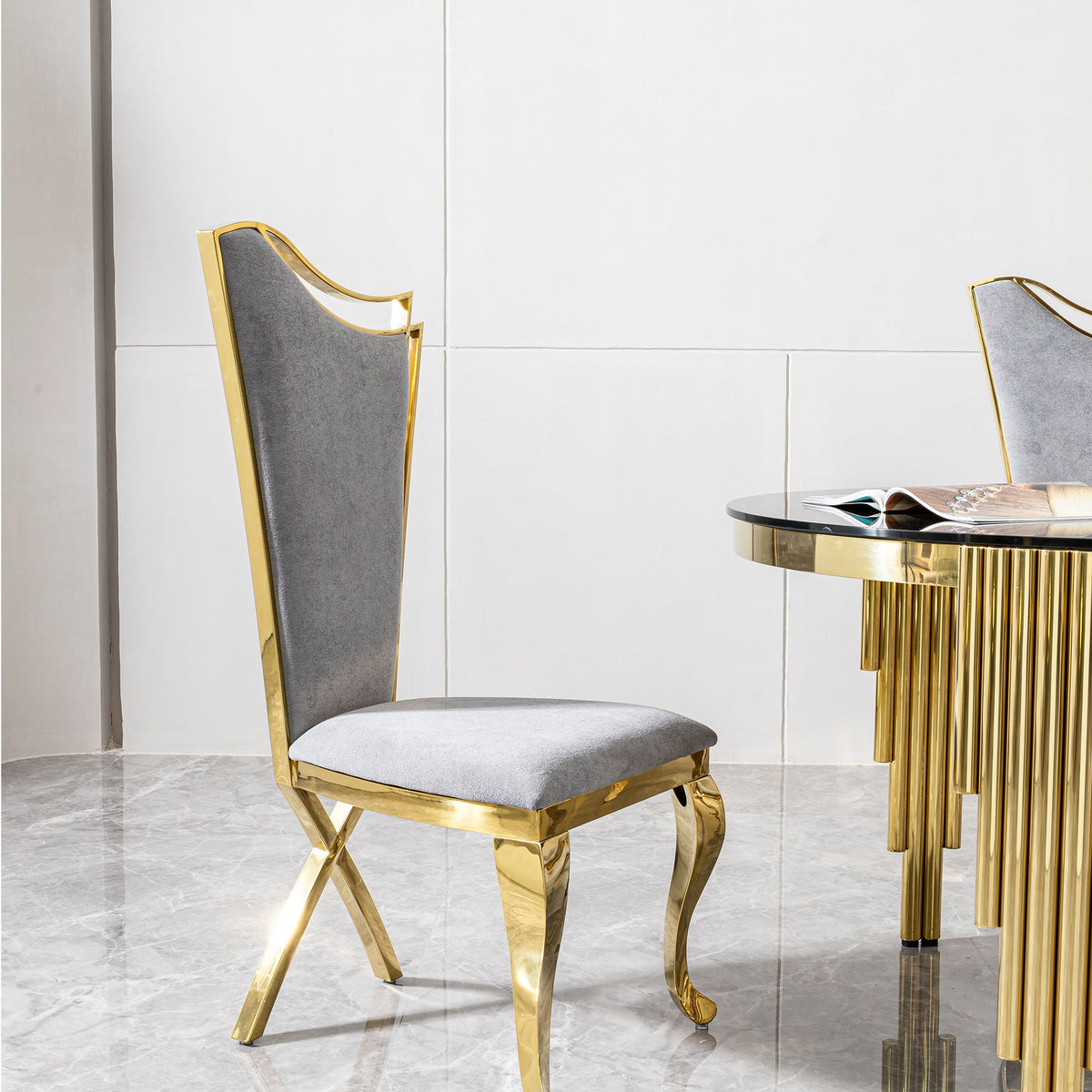Gorgeous Streamlined High Back Fabric Stainless Steel Dining Chair (Set of 2) - Gold