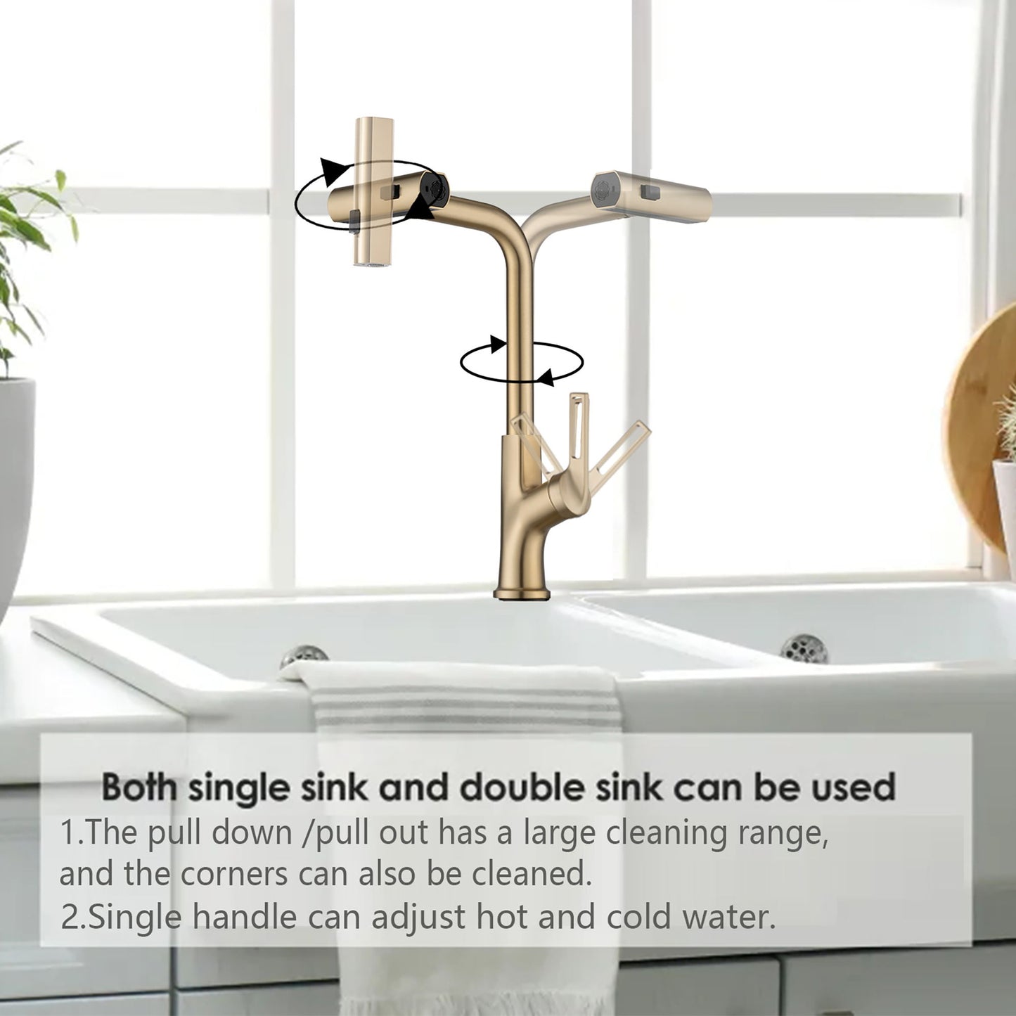 Kitchen Waterfall Faucet With Pull Down Sprayer, Single Handle, 360 Degree Rotating