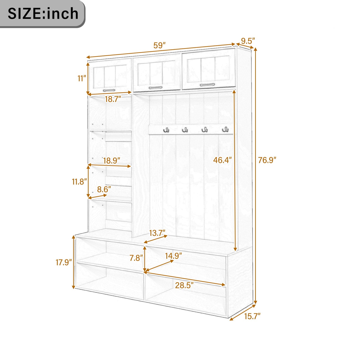 Hall Tree With Bench And Shoe Storage, 5 In 1 Entryway Bench With Coat Rack, Storage Organizer Cabinet With 4 Hooks For Hallway - Black