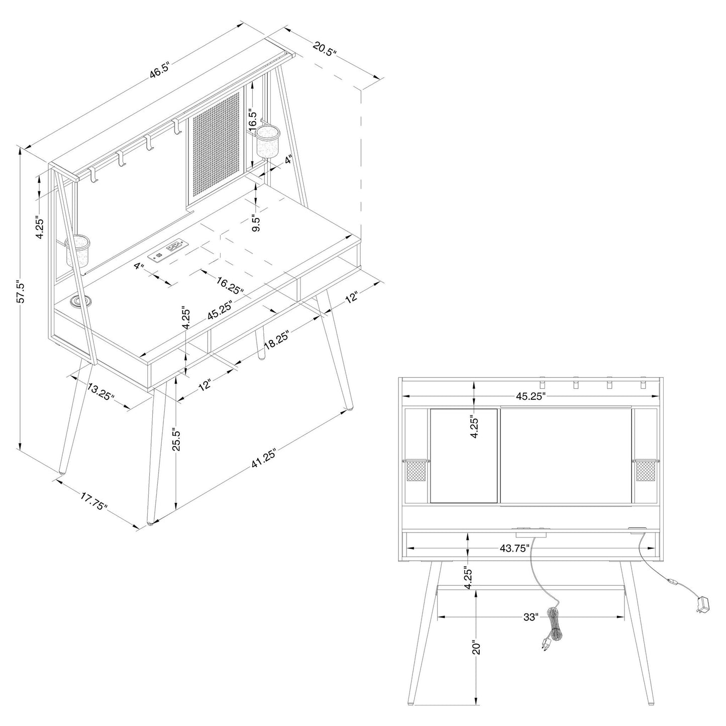 Darby - Writing Desk With USB Ports - Black