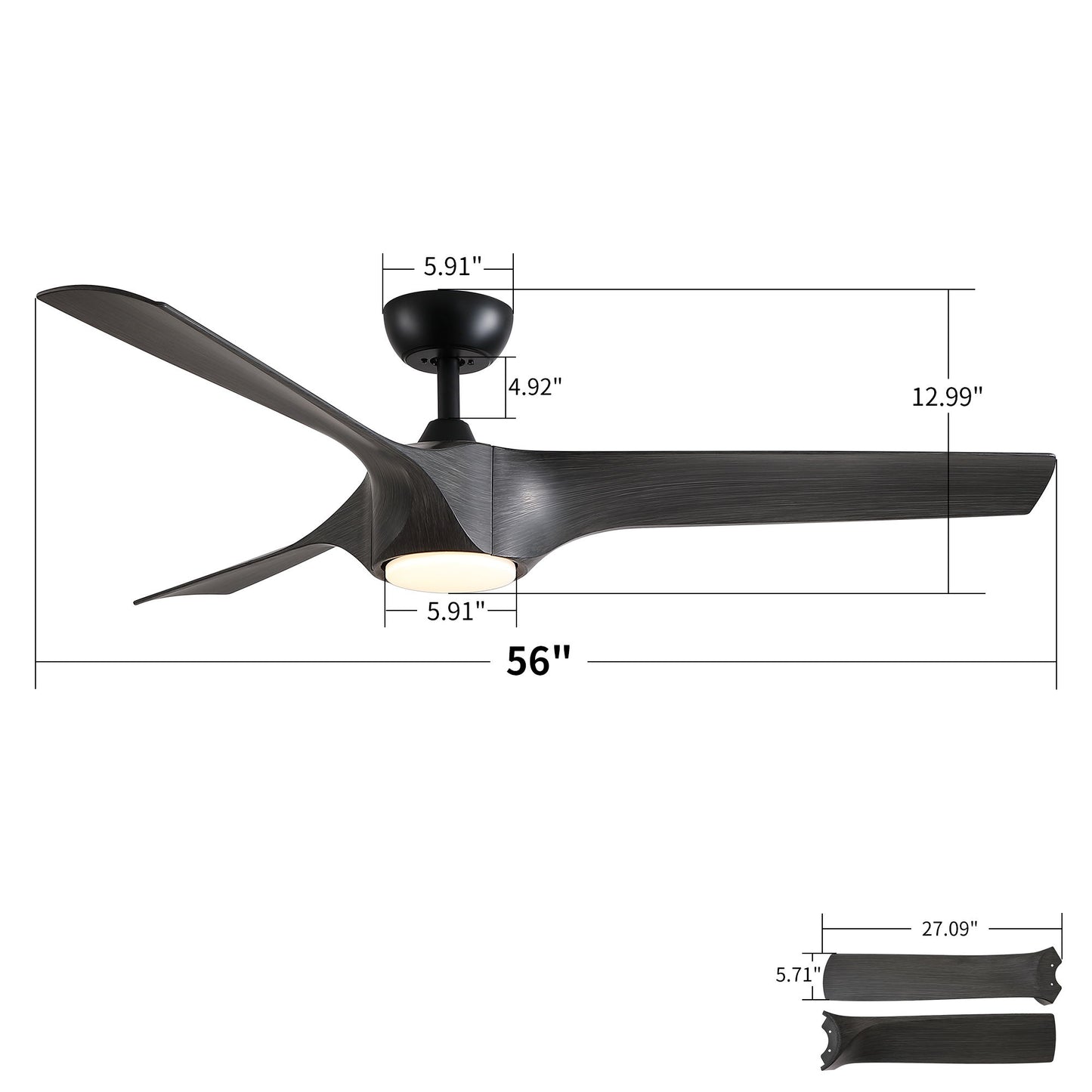 Reversible Quiet Motor Ceiling Fan Light With ABS Blades - Black / Gray