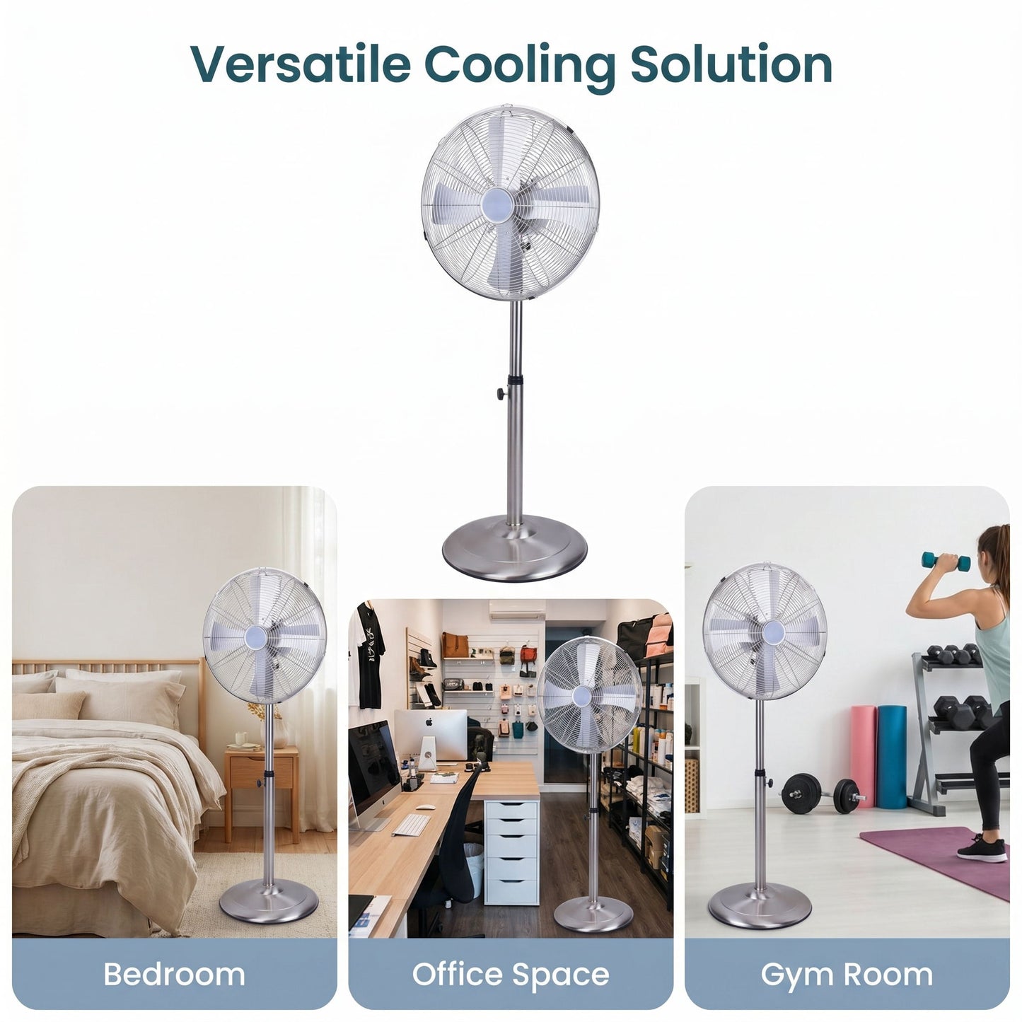 Stand Fan, 4 Blades, Rotary Knob Switch, Oscillation Function, Tilting Angle - Chrome