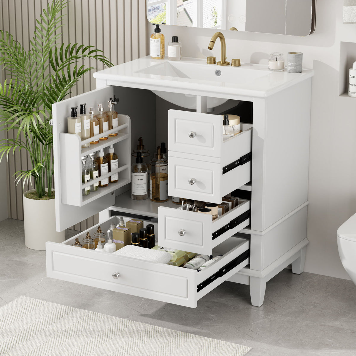 Freestanding Bathroom Vanity With Sink, Soft Close Door, 3 Drawers - White