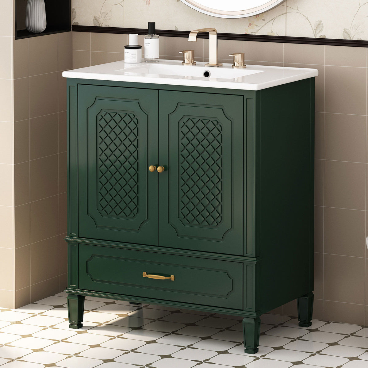30" Bathroom Vanity With Sink, Soft Closing Door, Multi Functional Storage - Green