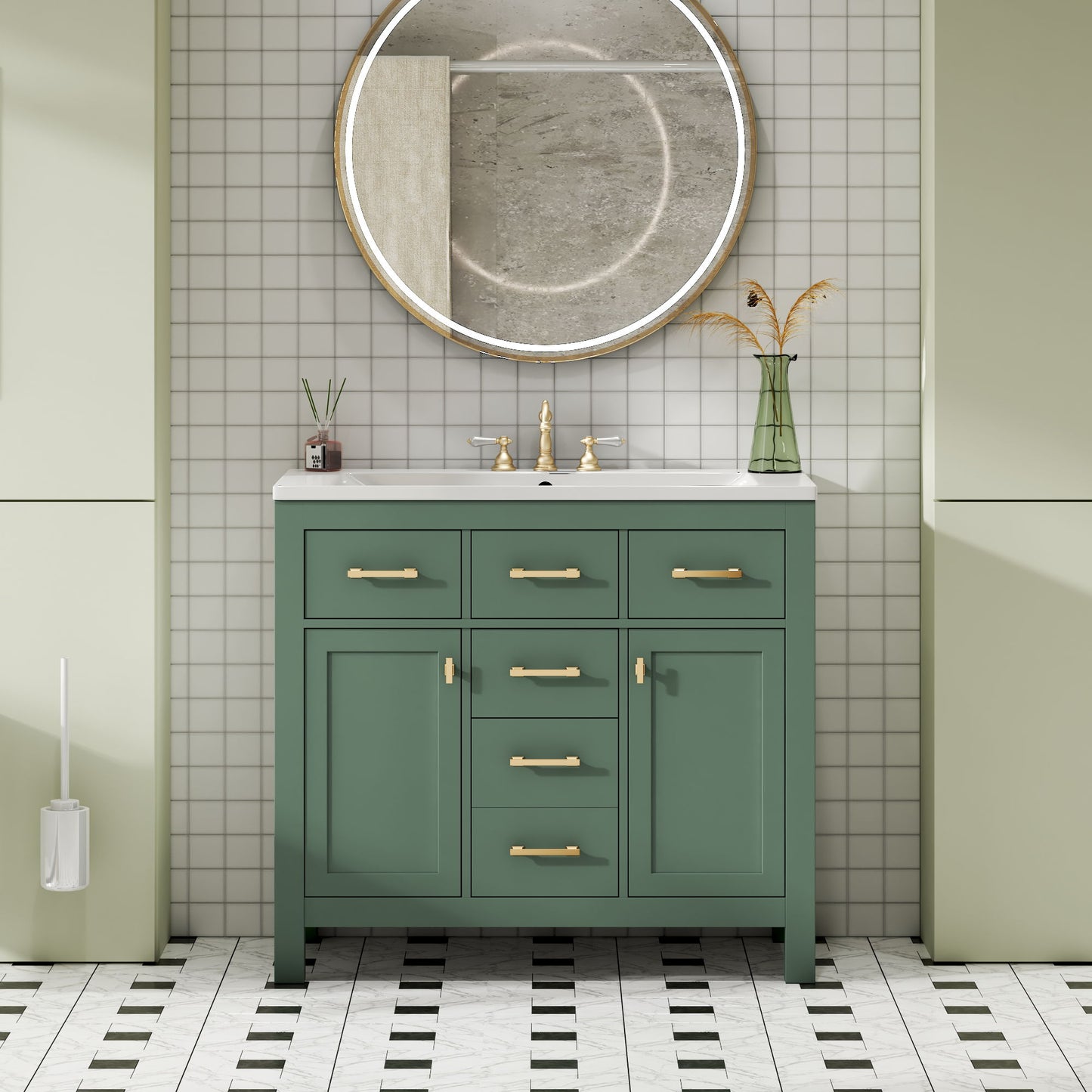 Freestanding Bathroom Vanity With 4 Drawers & 2 Cabinets - Green