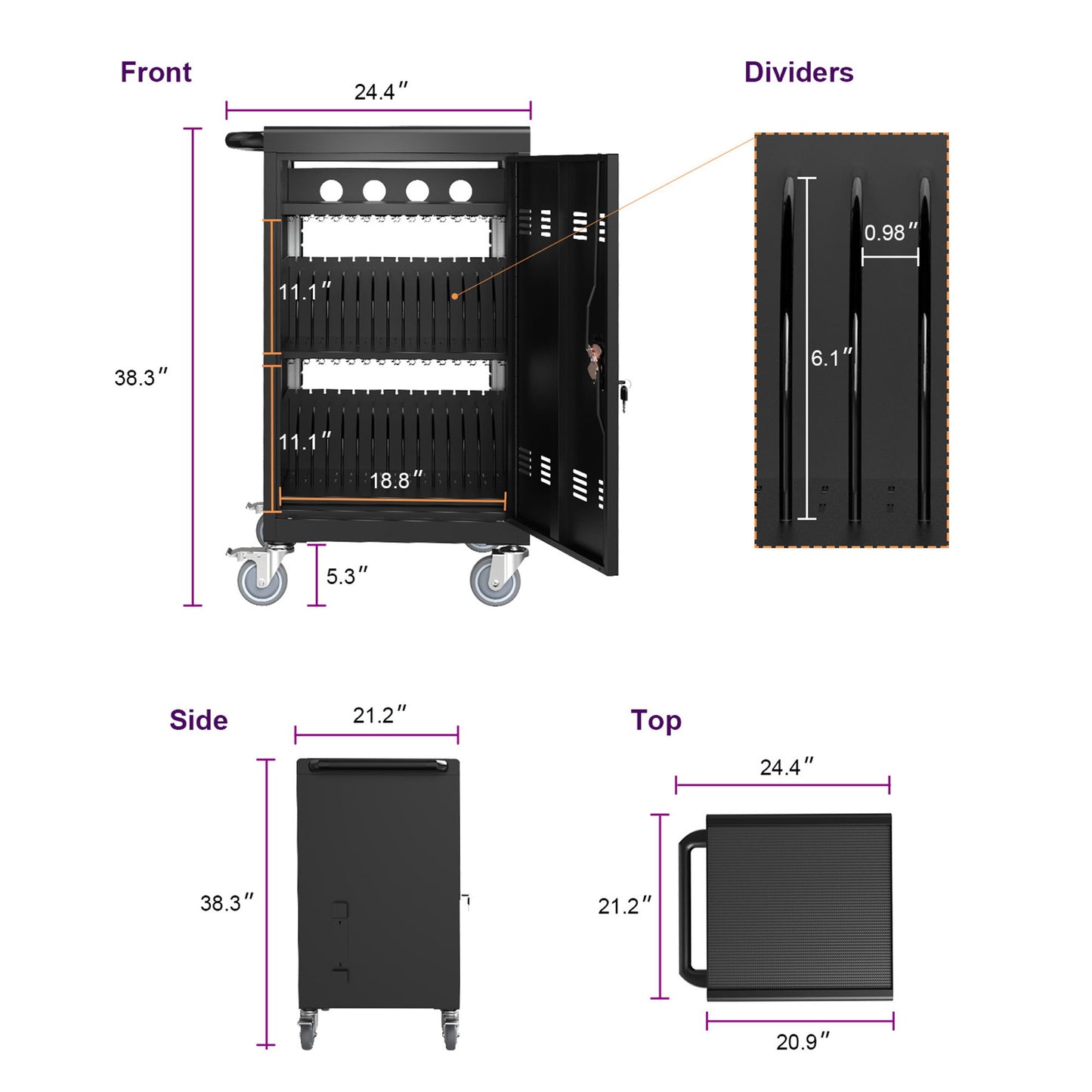 Mobile Charging Cart And Cabinet For Tablets Laptops 32-Device - Matt Black