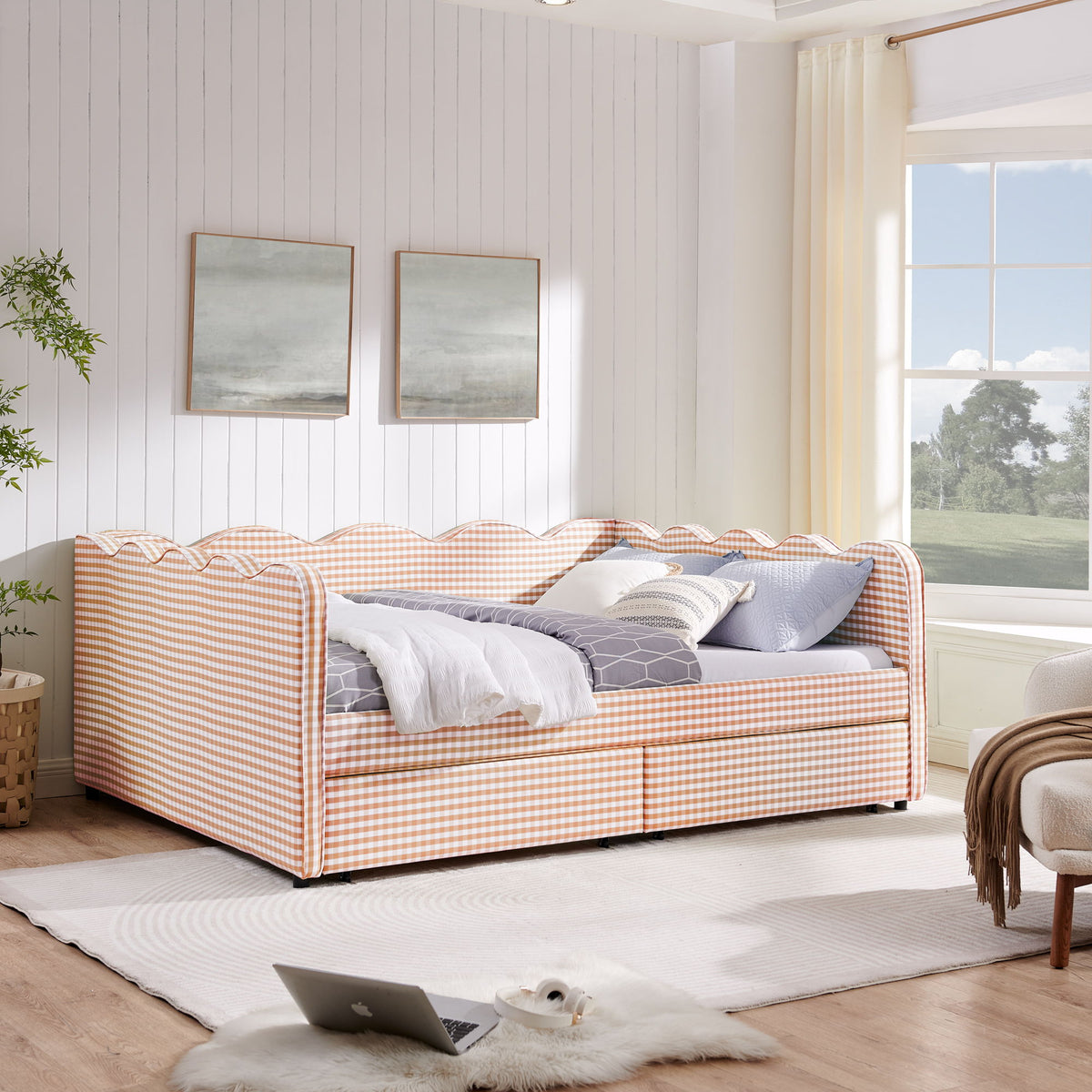 Queen Size Gingham Daybed With 2 Storage Drawers, USB Port, Wave-Shaped Design - Pink