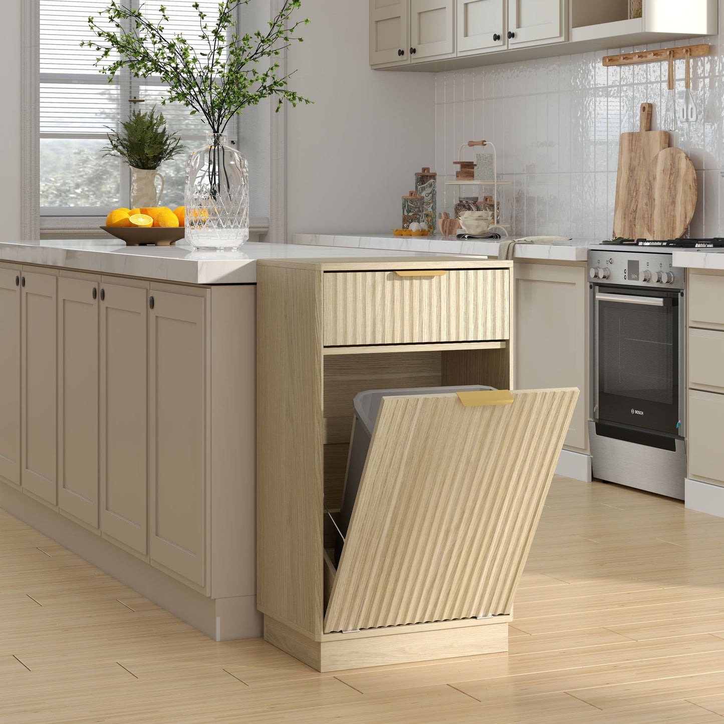Tilt Out Trash Can Cabinet With Wave Textured Drawer & Pull Out Bin
