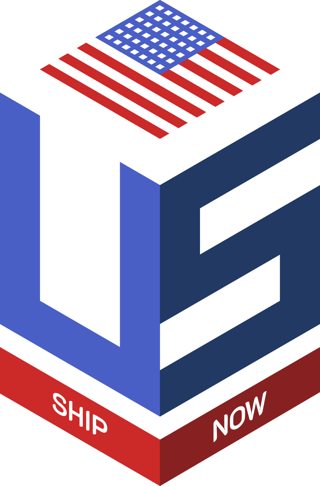 the US Ship Now Logo - a 3 dimensional cube shape in which the two visible sides of the cube spell out a "U" and "S" while the top of the cube is slightly lifted up in the pattern of an American Flag. At the bottom of the cube are two lines that read "Ship" and "Now".