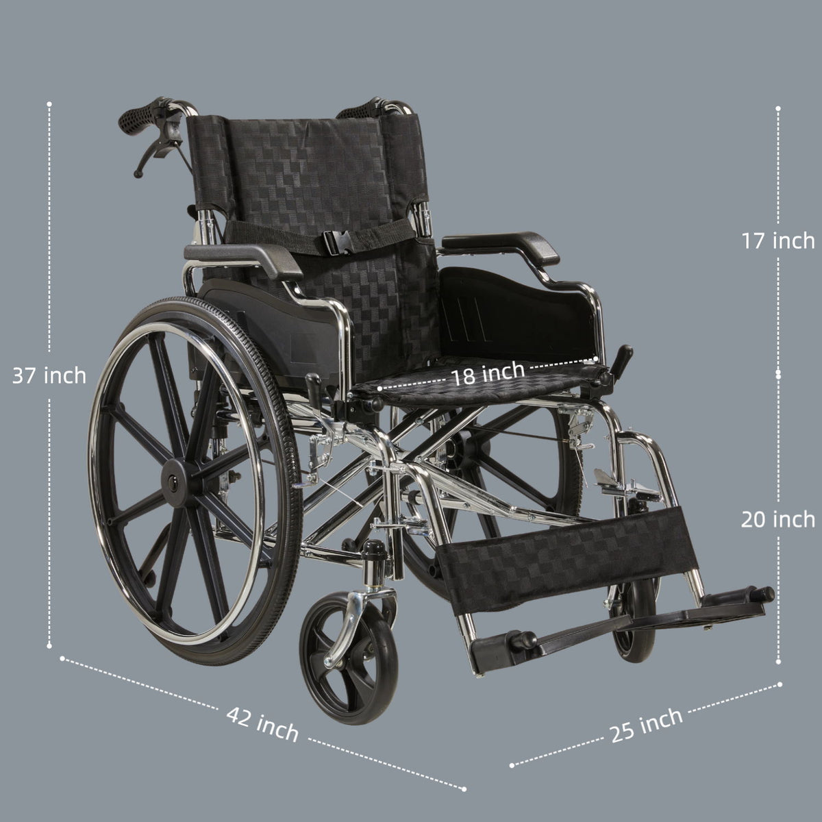 Lightweight Wheelchair Foldable 300 Lbs Capacity 24" Tires Adjustable Seat Belt And Anti Backflip Device Safe And Durable Transport Chair For And Disabled - Silver