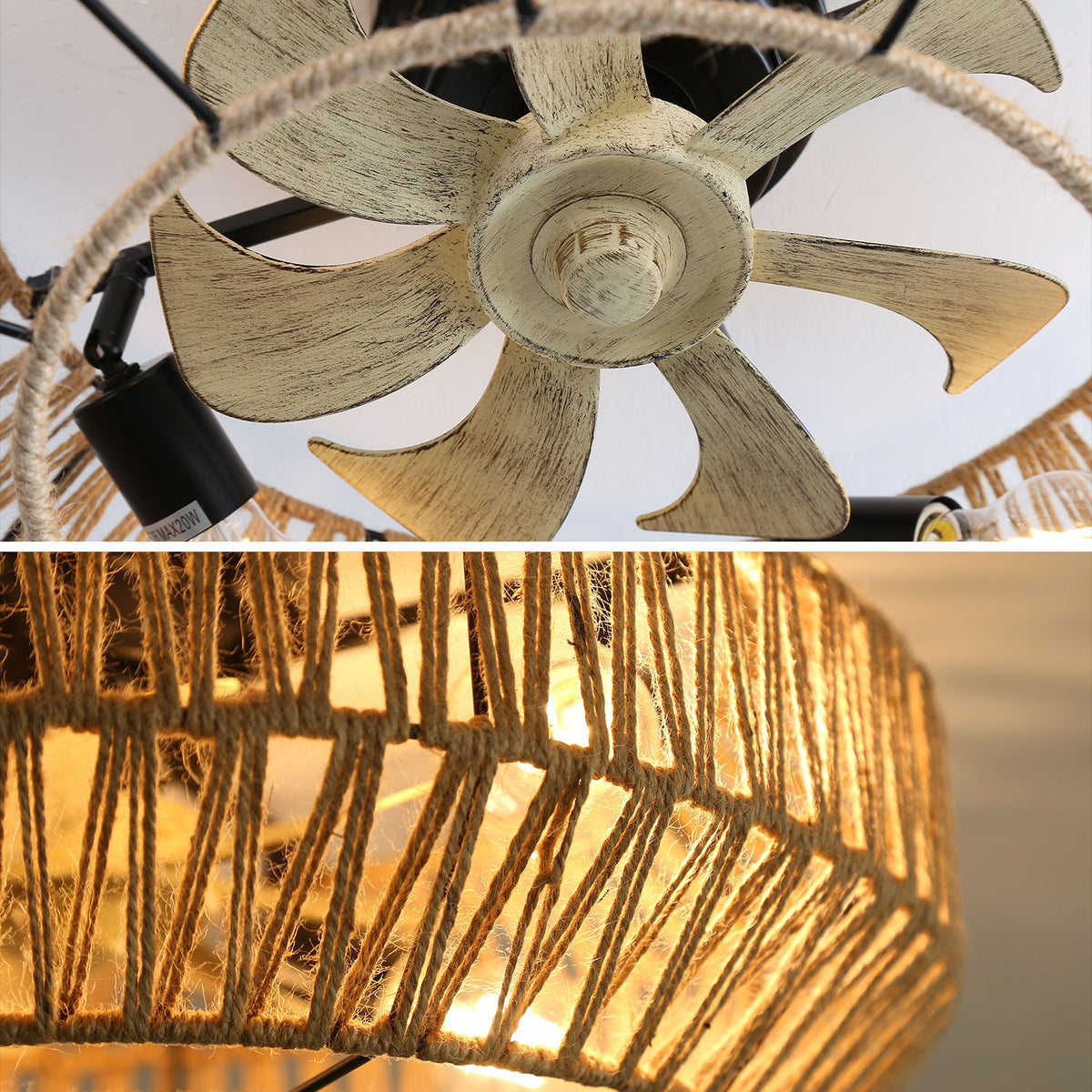22" Caged Ceiling Fan With DC Motor, 6 Speeds Remote Control For Living Room - Rattan