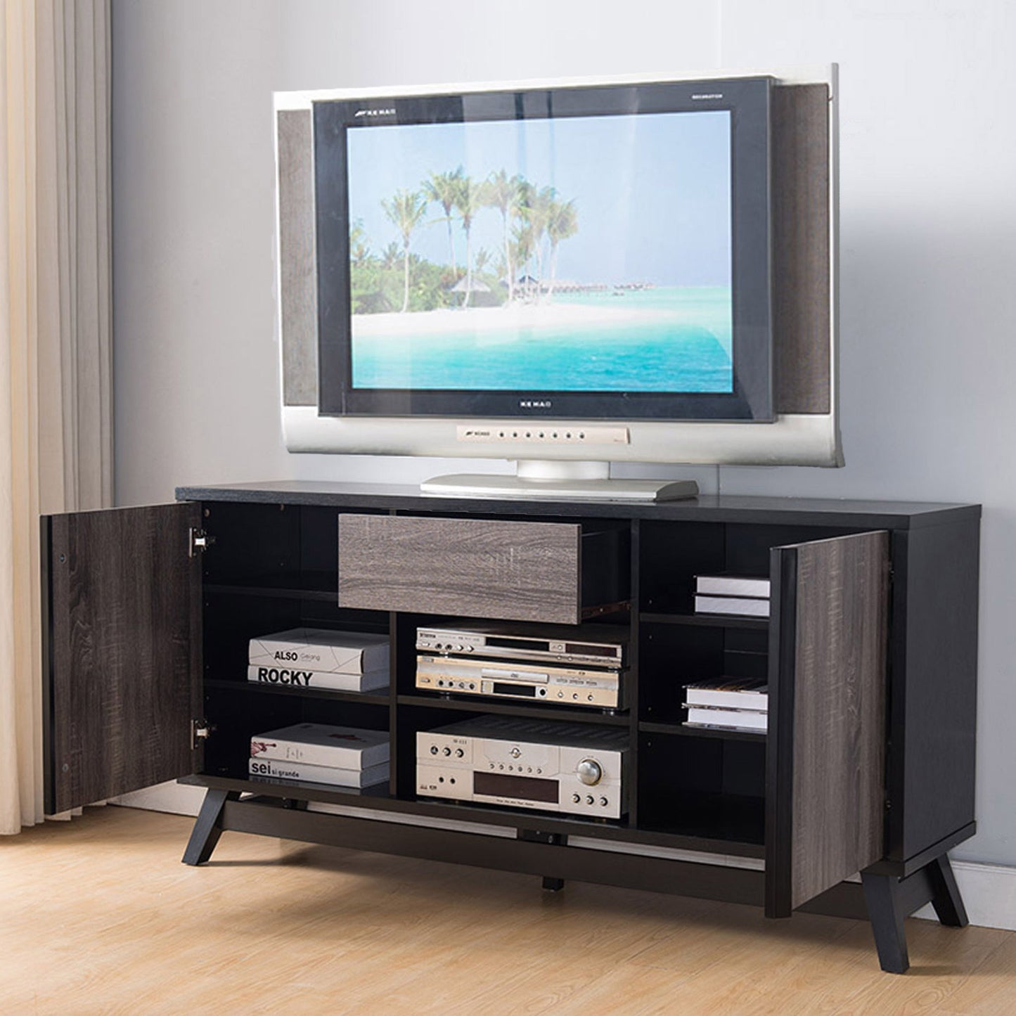 Sideboard TV Stand Buffet With 2 Doors 1 Drawer And 6 Shelves - Black / Gray