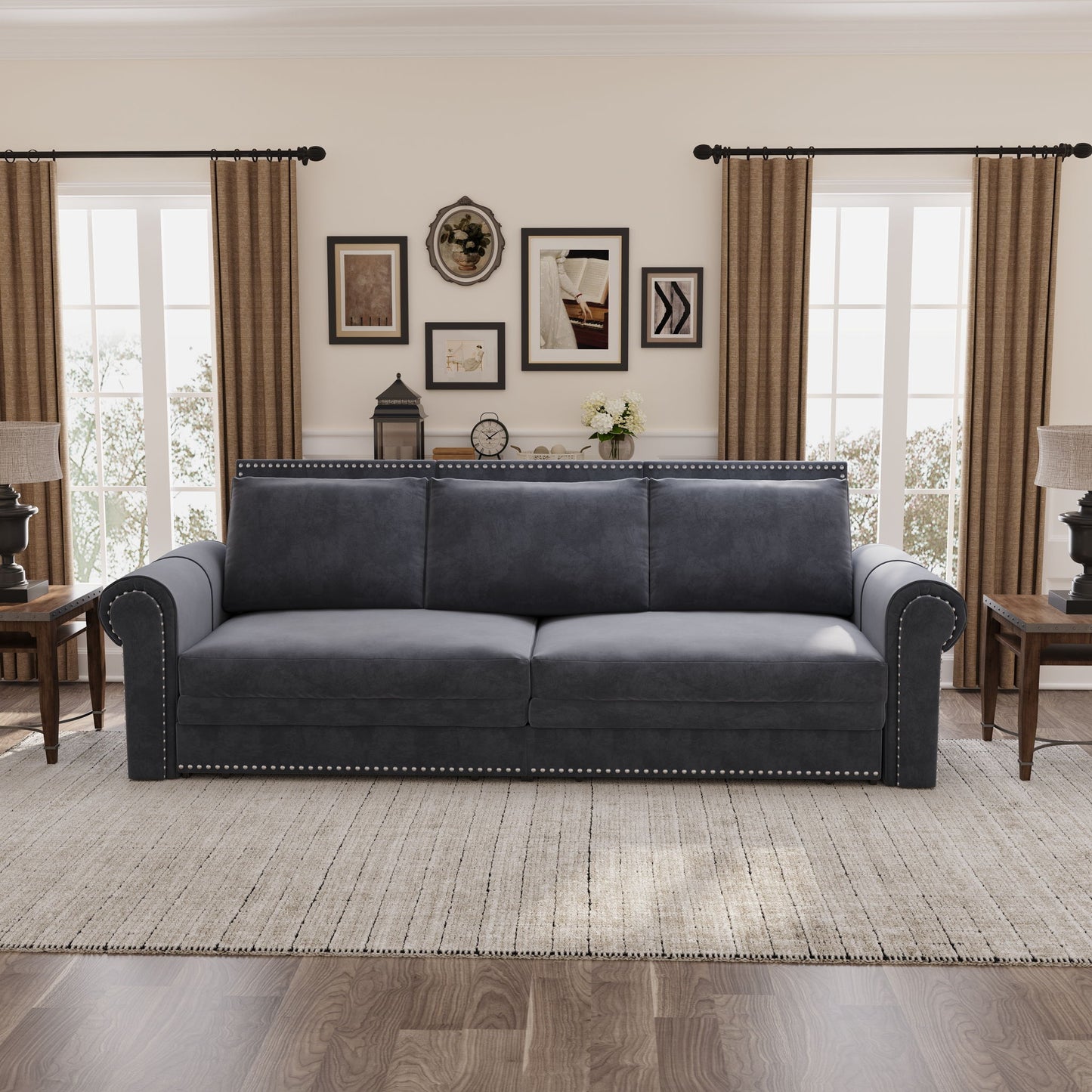 Pull Out Sofa Bed 3 In 1 Velvet Convertible Sleeper Sofa With Nailhead Trim & Rolled Arm, Multi Functional