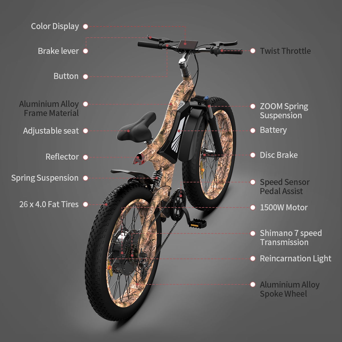 S18 - 1500W 26" 1500W Electric Bike Fat Tire 48V 15Ah Removable Lithium Battery Mountain Bicycle Shimanos Bicycle Full Suspension Mtb Bikes For Adults - Brown