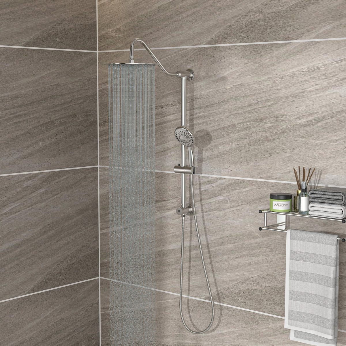 Round Shower Set With Dual Shower Heads And Hand Shower, 10" Top Spray - Brushed Nickel