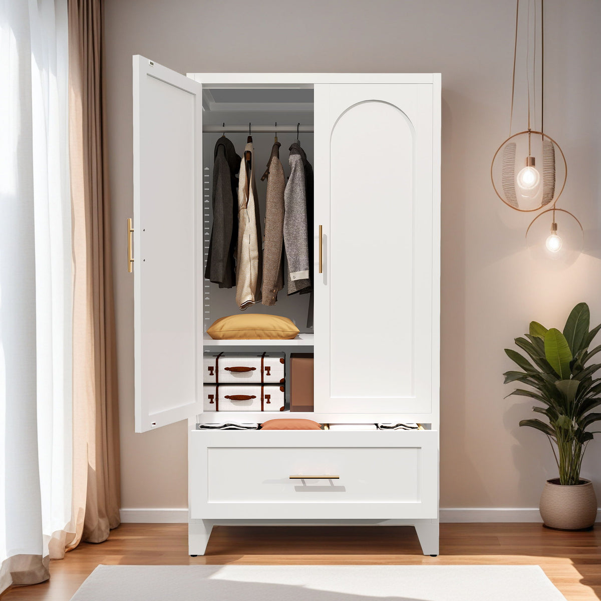 Wardrobe Cabinet With 1 Drawer And Hanging Rod, 2 Doors Closet With Shelf For Bedroom - White