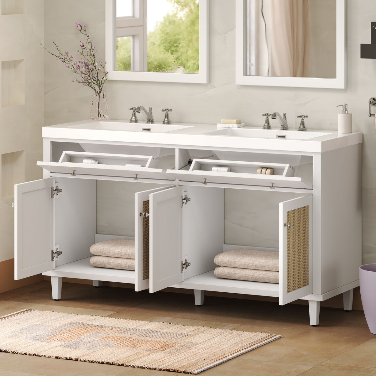 Bathroom Vanity With Double Sink, Large Storage Space - White