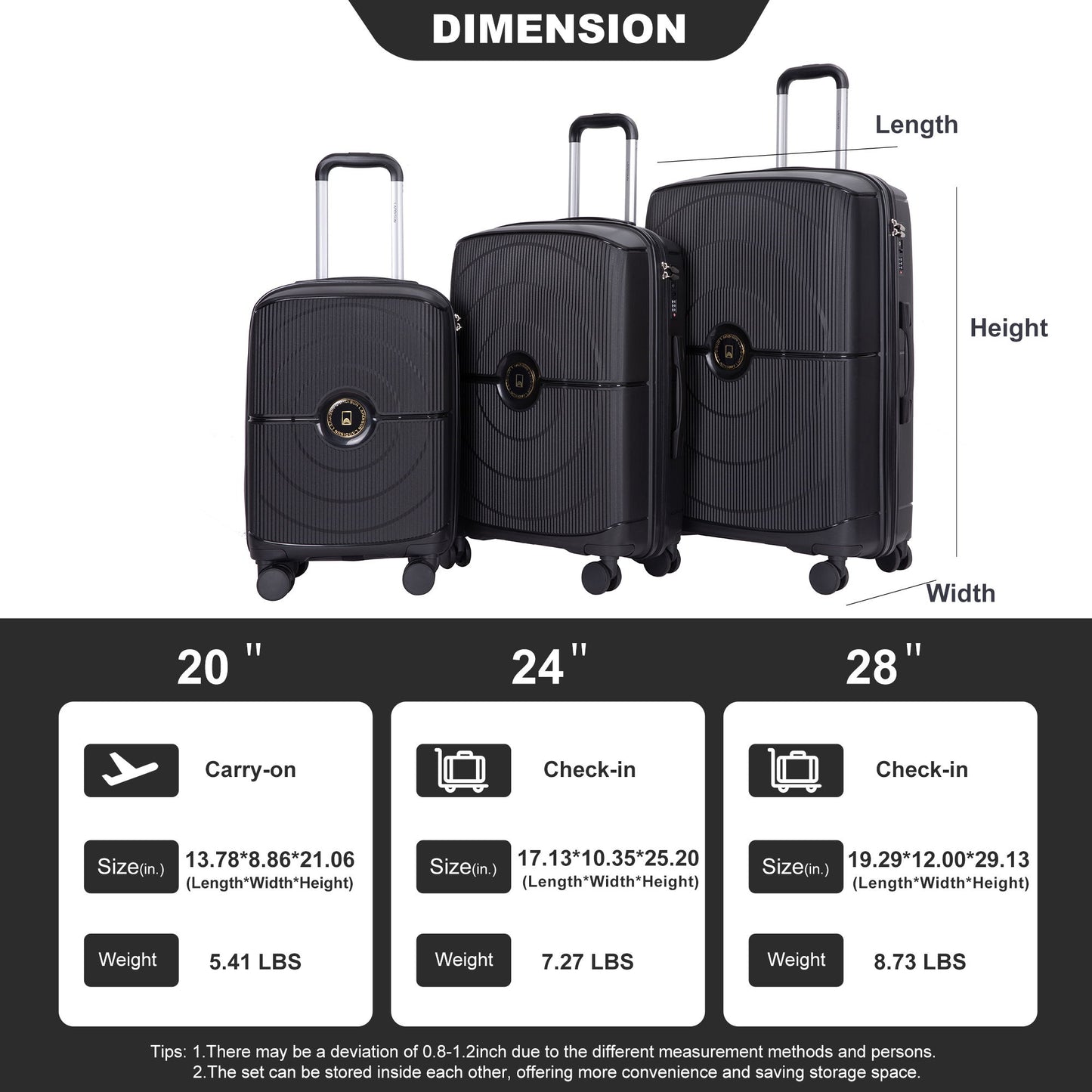 3 Piece Set Expandable Hardshell Suitcase Double Spinner Wheels