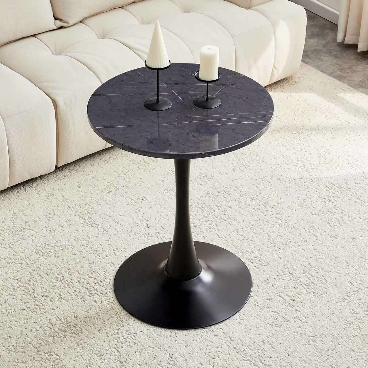 Round Dining Table With Faux Marble Top And Metal Pedestal +, 23.6" Diameter For Kitchen, Living Room, Small Spaces