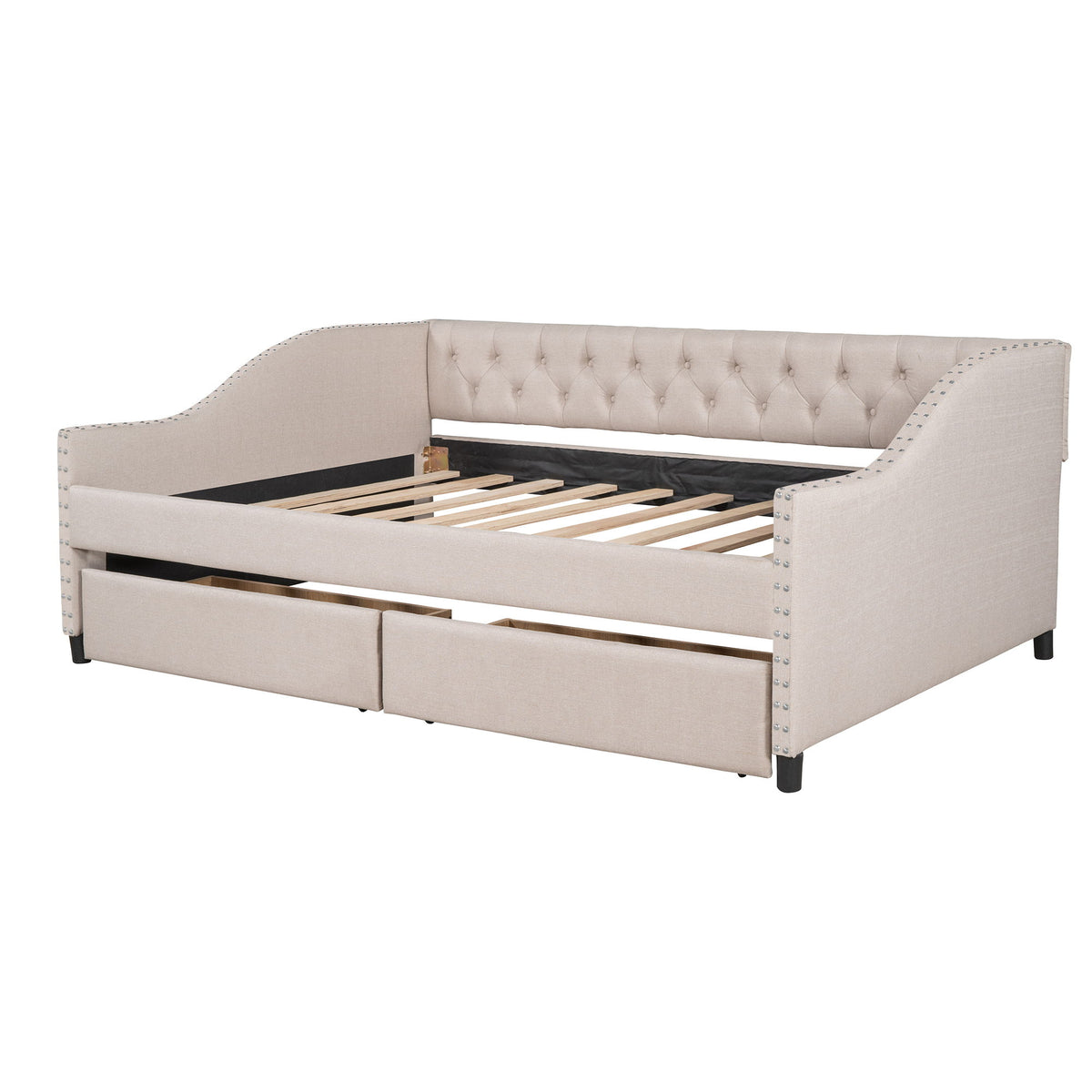 Upholstered Daybed With Two Drawers, Wood Slat Support