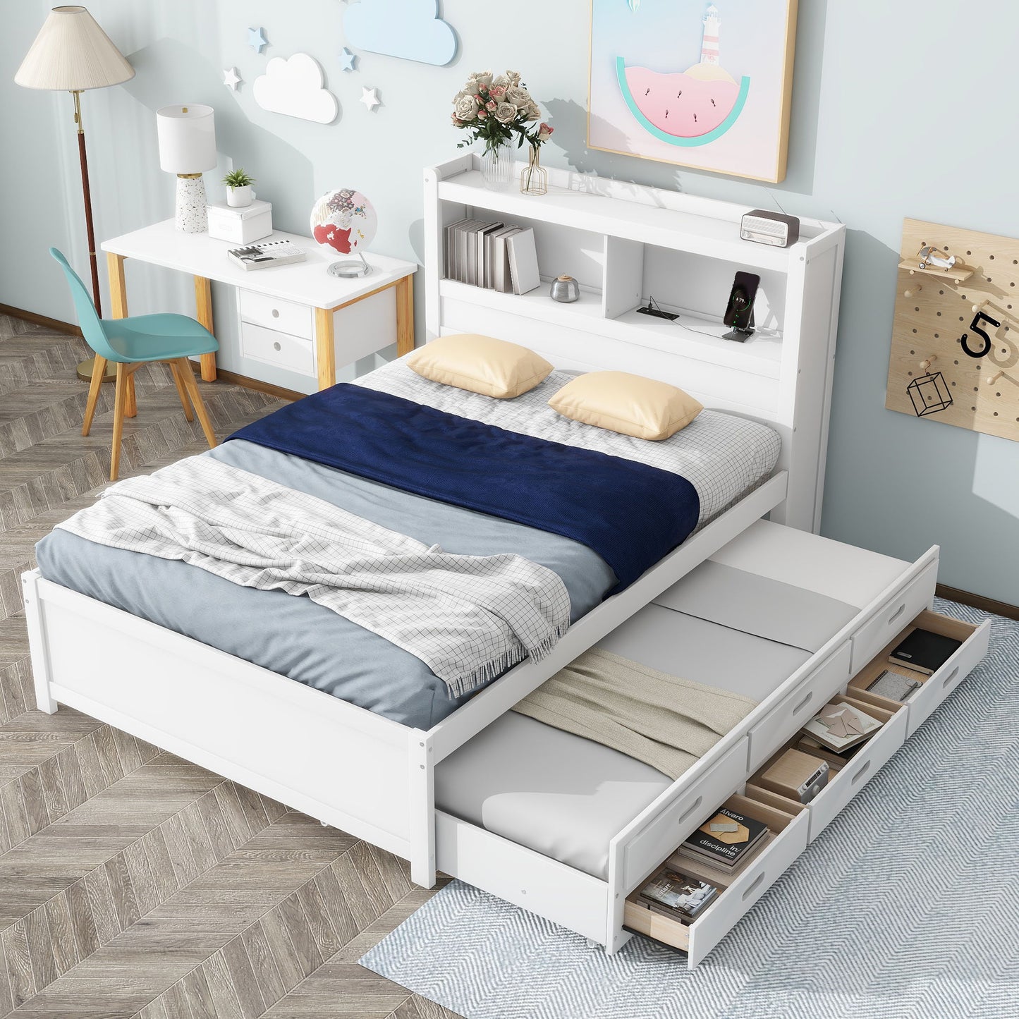 Platform Bed With Trundle, Drawers, USB Ports And Built In Shelves