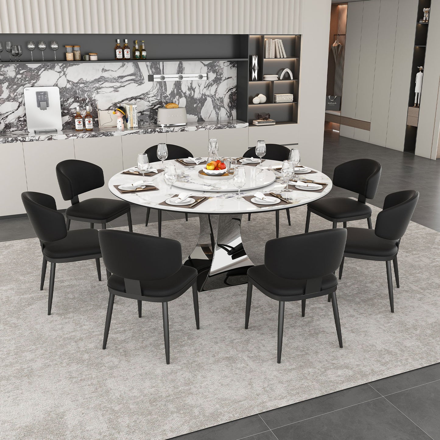 Round Dining Table With 6 Chairs Set - Silver