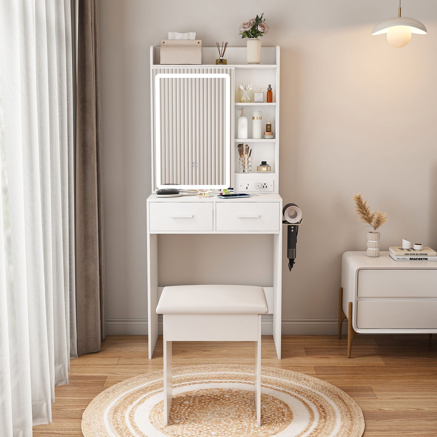 Space Saving Makeup Vanity Desk With Mirror & Adjustable Led Lights, Built-In Power Outlet, Hidden Storage, Includes Stool & Shelf - White