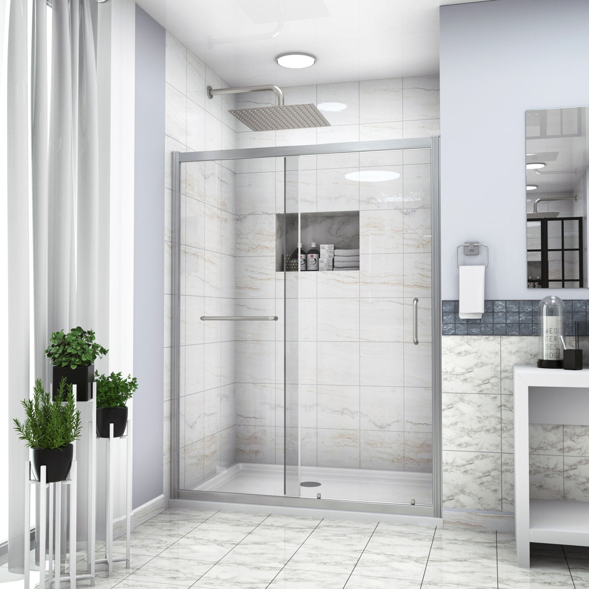 Single Sliding Bypass Shower Enclosure With Tempered Glass And - Brushed Silver