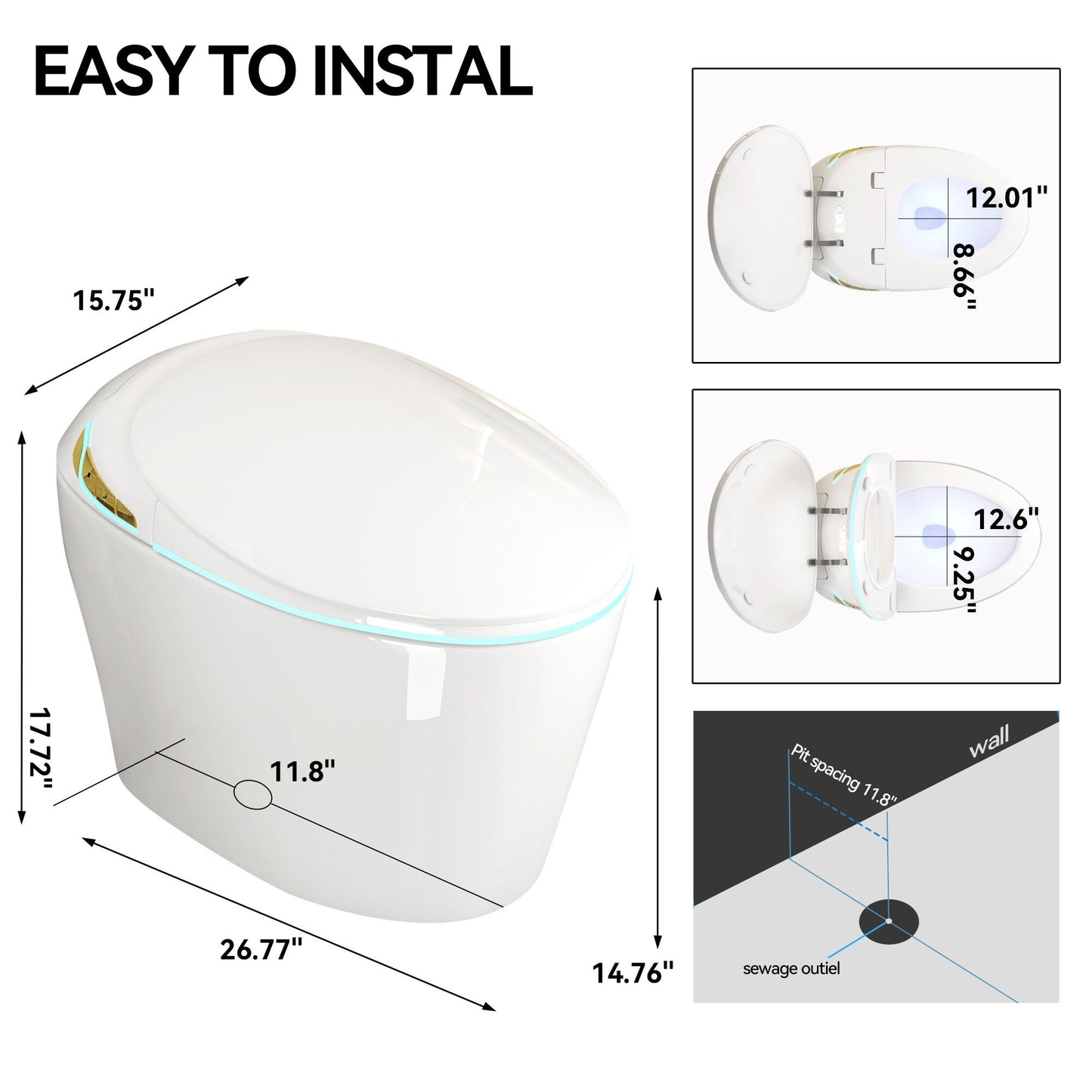 Unique Smart Toile With Built In Bidet, Auto Open / Close Seat, Foot Sensor, LED Display, Night Light, Warm Water & Dryer Ceramic