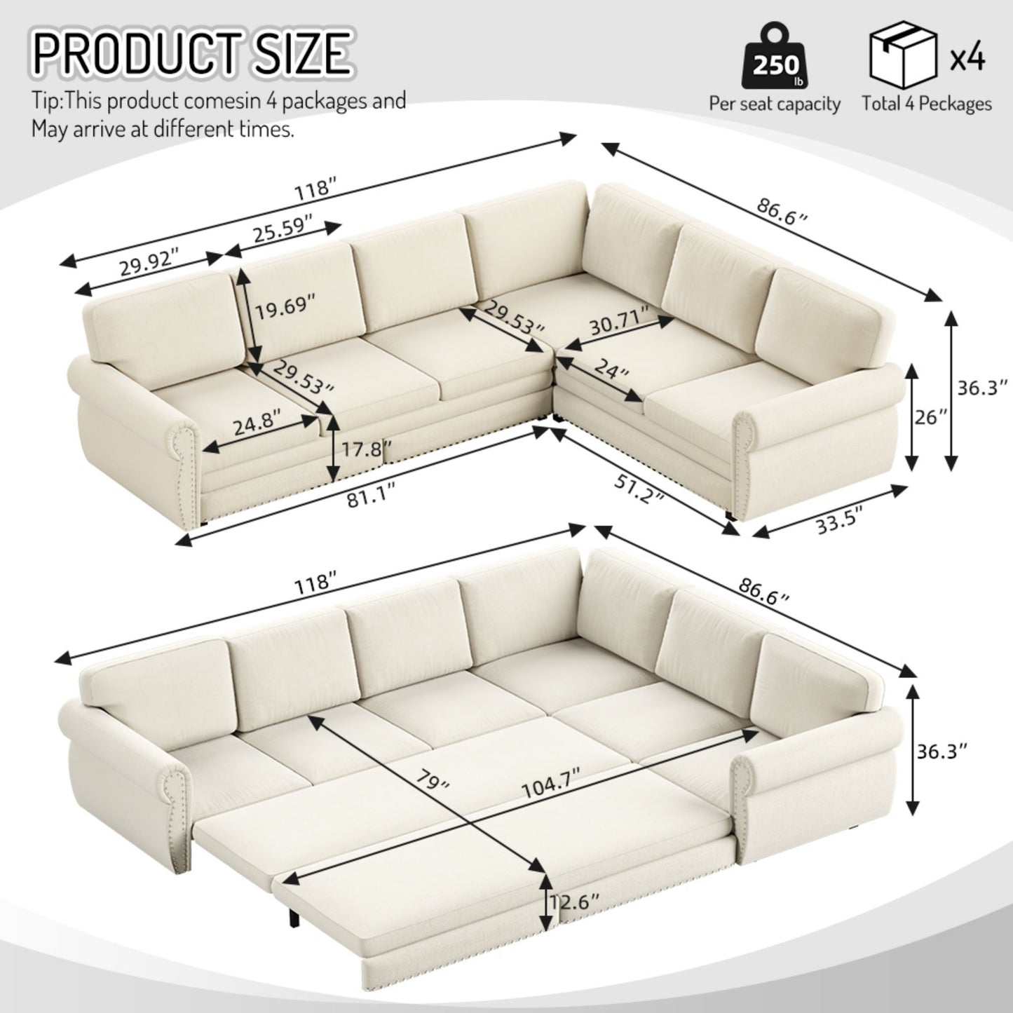 L-Shaped Sofa Couch With Pull Out Bed With Nailhead Trim & Rolled Arm