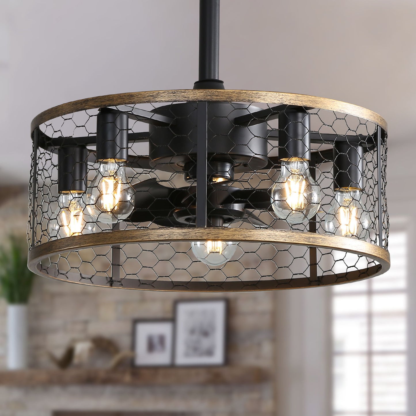 Industrial Caged Ceiling Fan With 7-Abs Blades Remote Control, Small Ceiling Fan Reversible Dc Motor With Etl Certificate - Black / Gold
