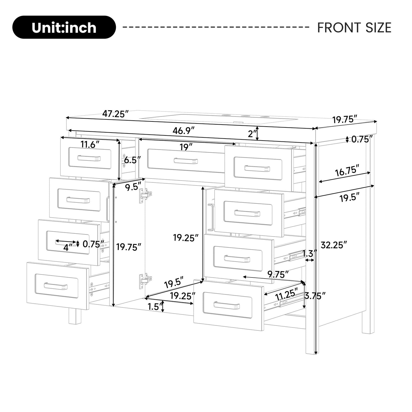 Bathroom Vanity Cabinet Only With 2 Soft Close Doors And 8 Drawers - White