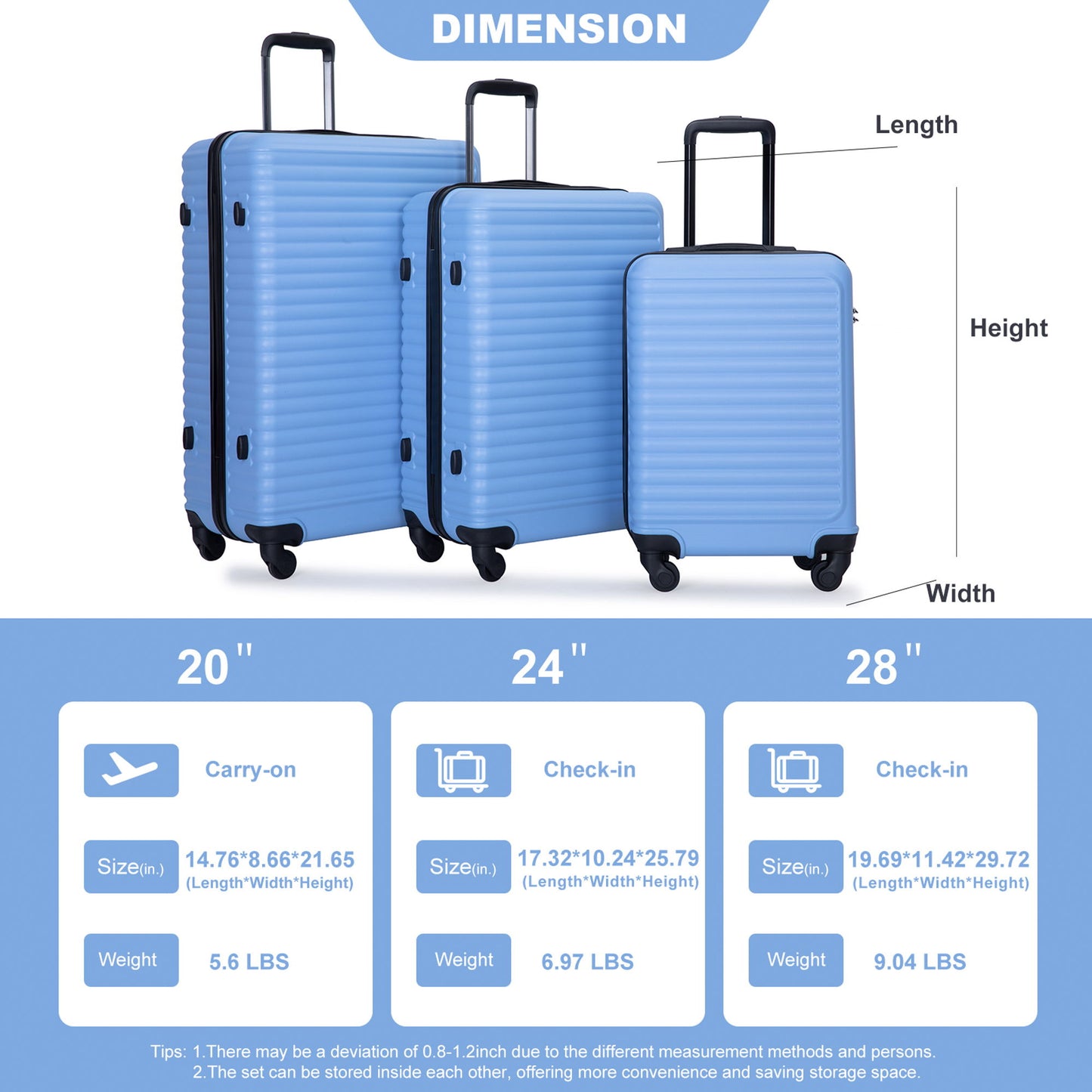 3 Piece Luggage Sets, Lightweight Suitcase With Two Hooks, Spinner Wheels, Tsa Lock