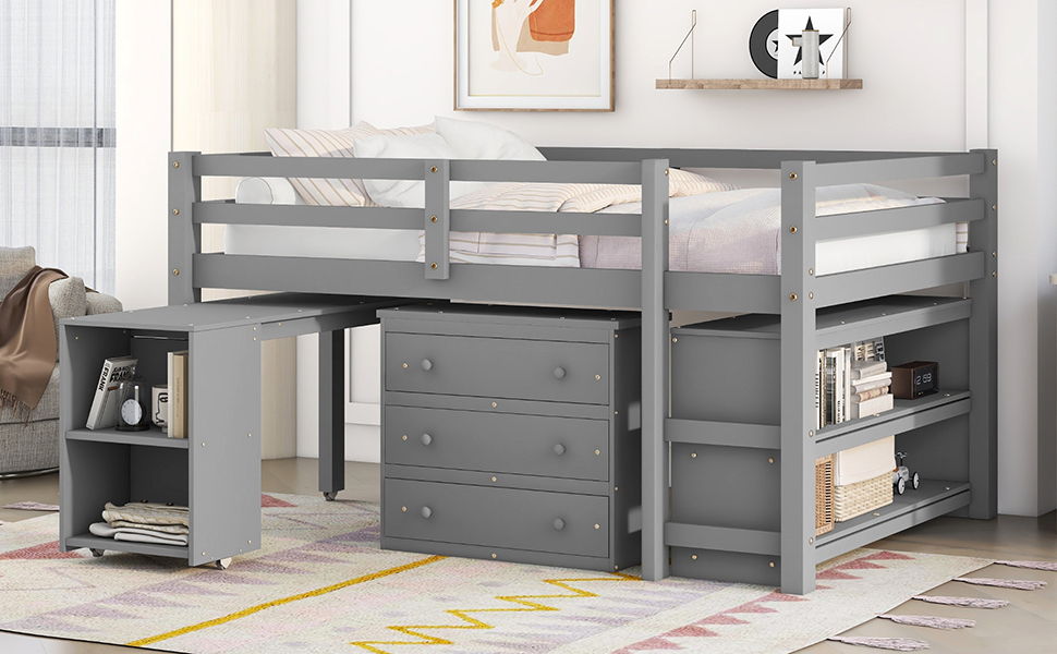 Loft Low Study Bed With Cabinet, Shelves And Rolling Portable Desk, Multiple Functions