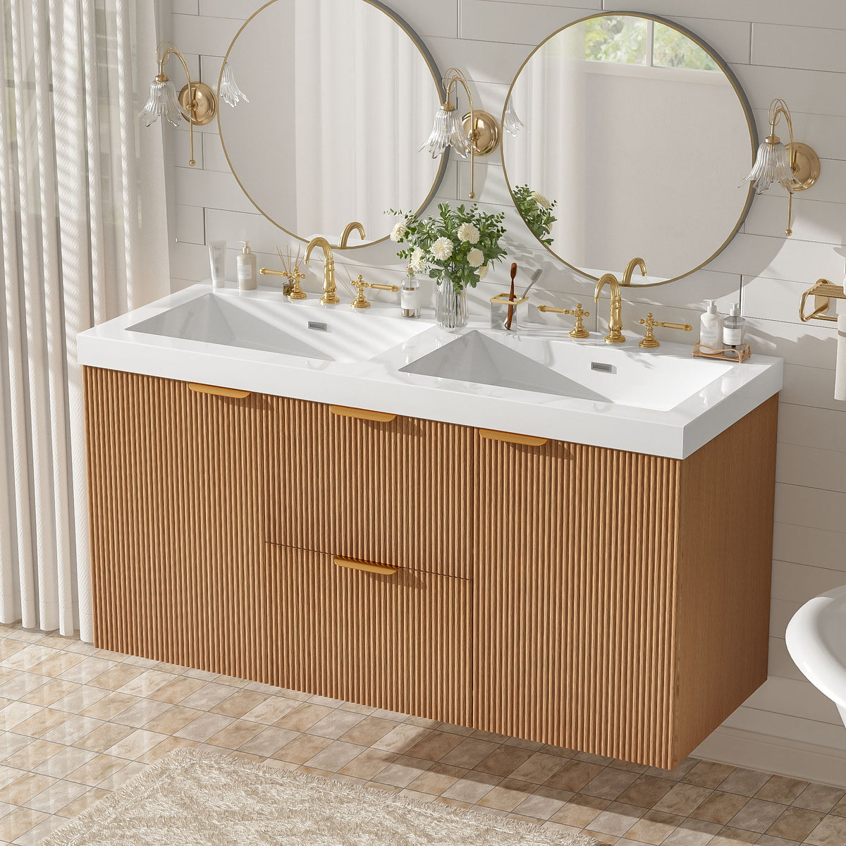 Double Sink Bathroom Vanity, Cabinet, Soft Close Doors, Divided Drawers, Wall Mounted Storage - Wood