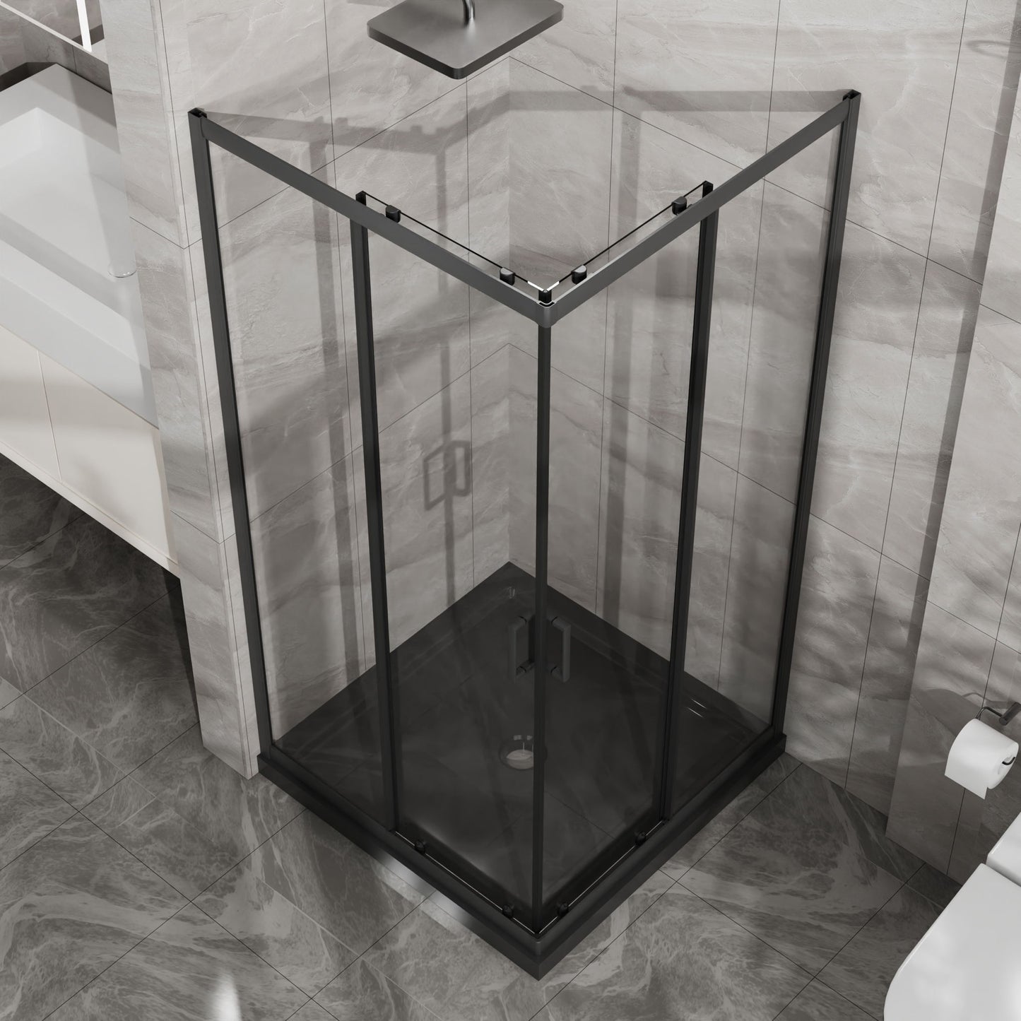 Corner Shower Enclosure, Double Sliding Door With Shower Base - Matte Black