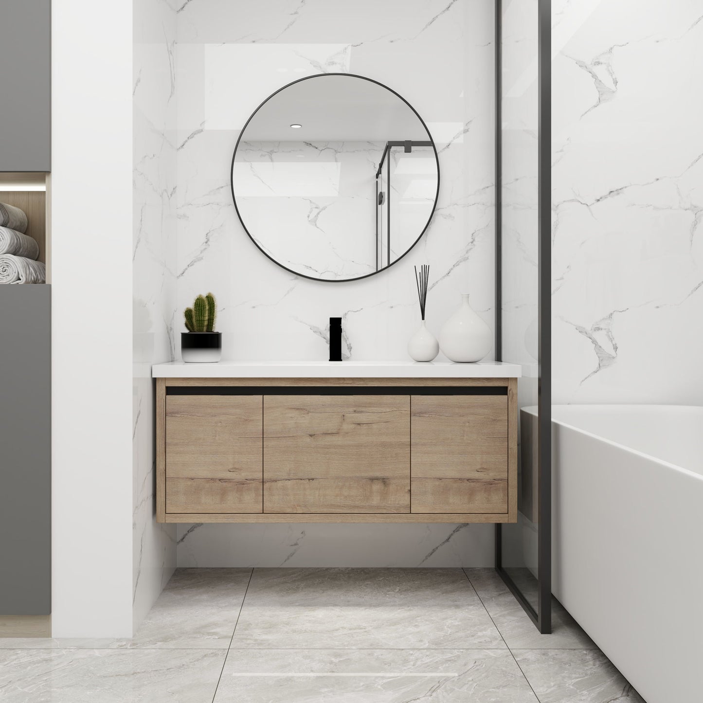 Modern Floating Bathroom Vanity Cabinet With Resin Sink Soft Close Doors And Drawer - Imitative Oak